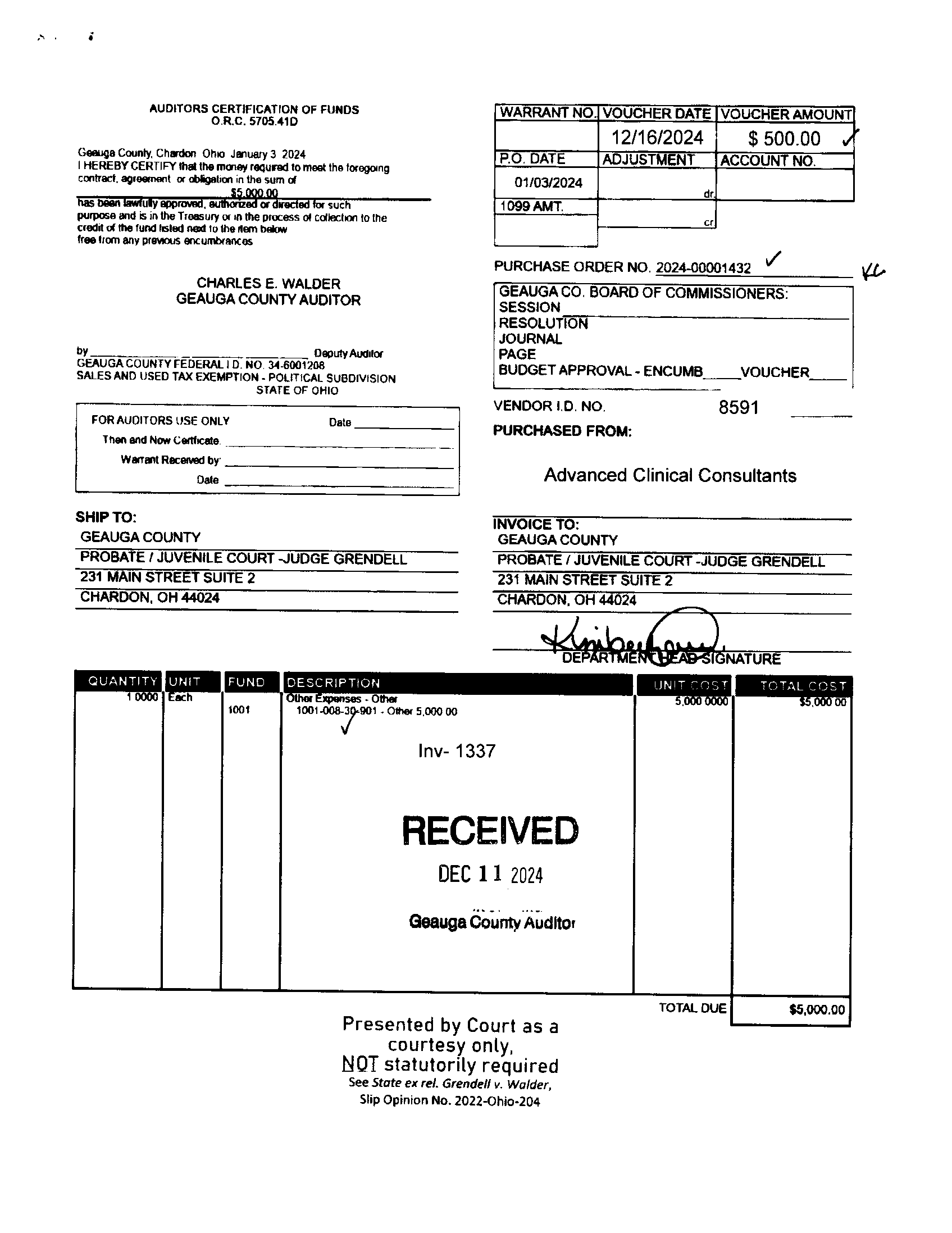 Auditor's Certification of Funds