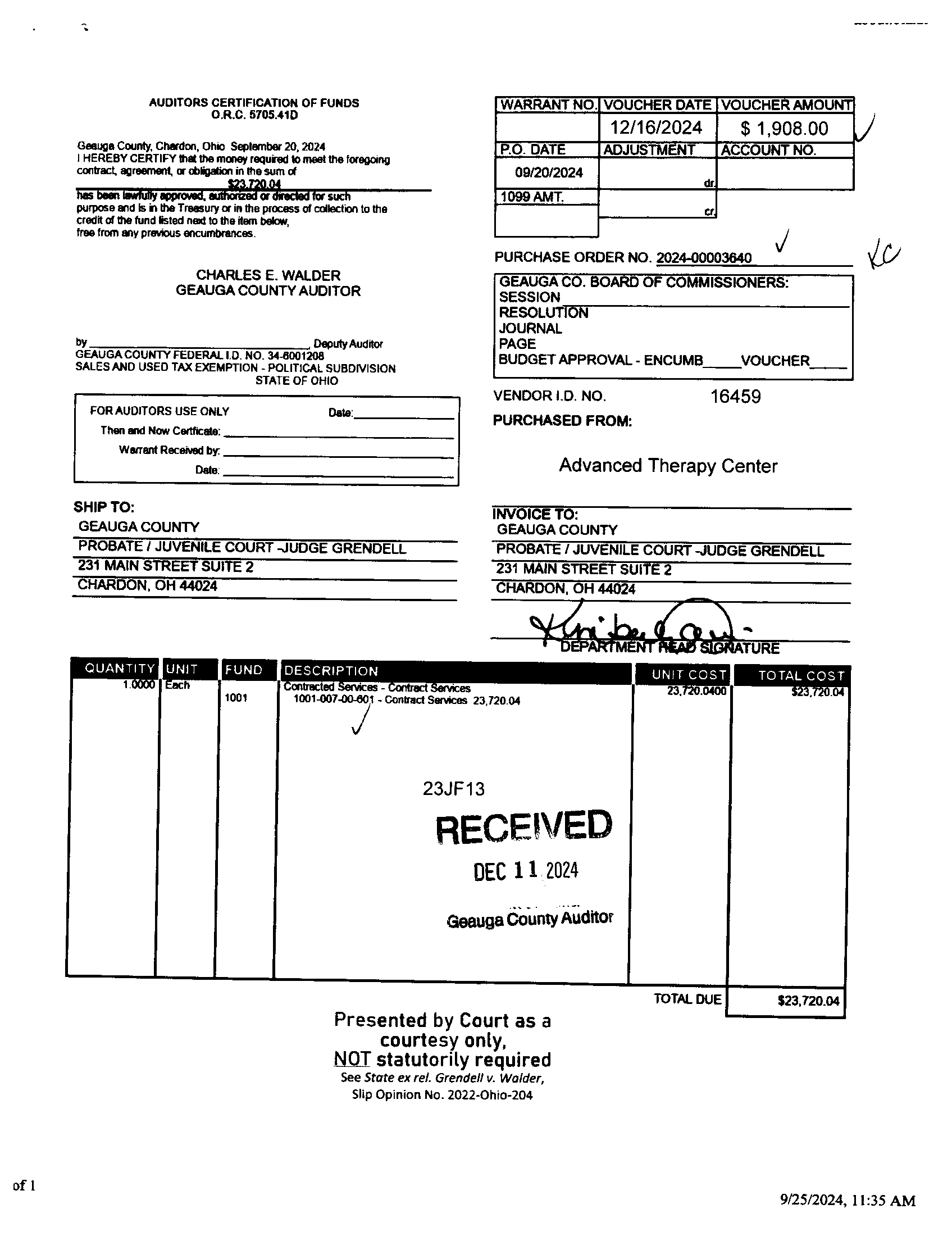 Auditor's Certification of Funds