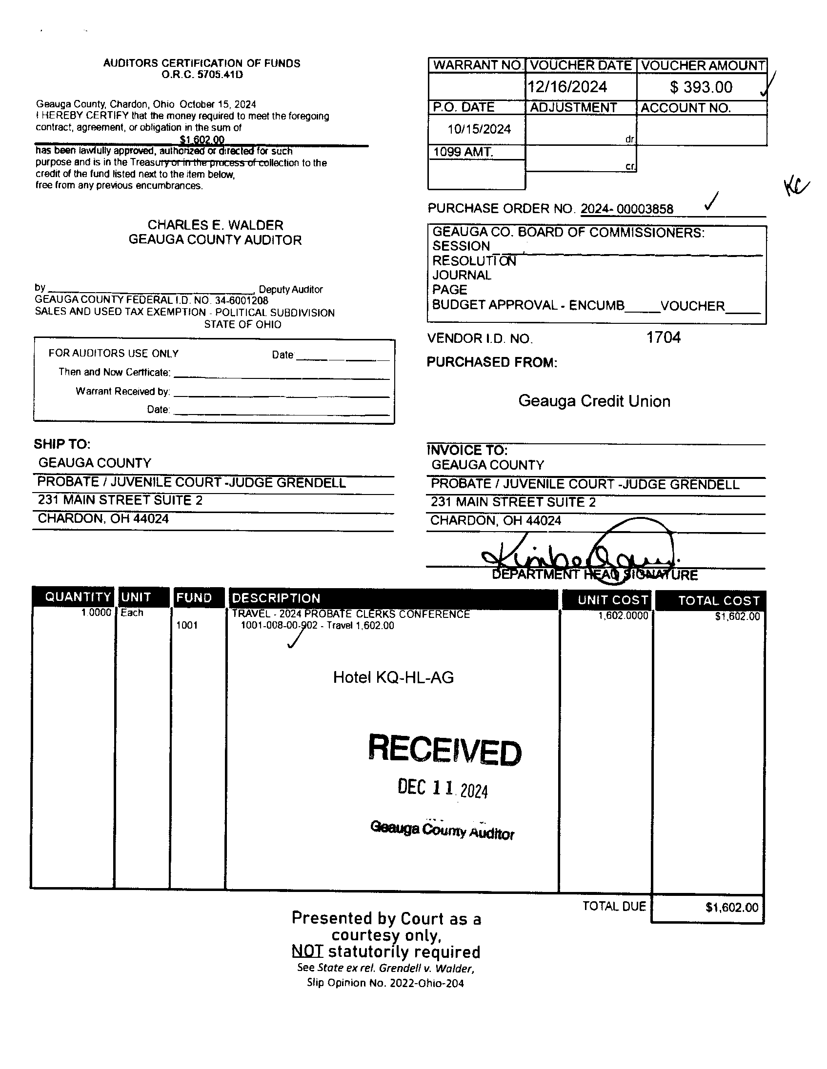 Auditor's Certification of Funds