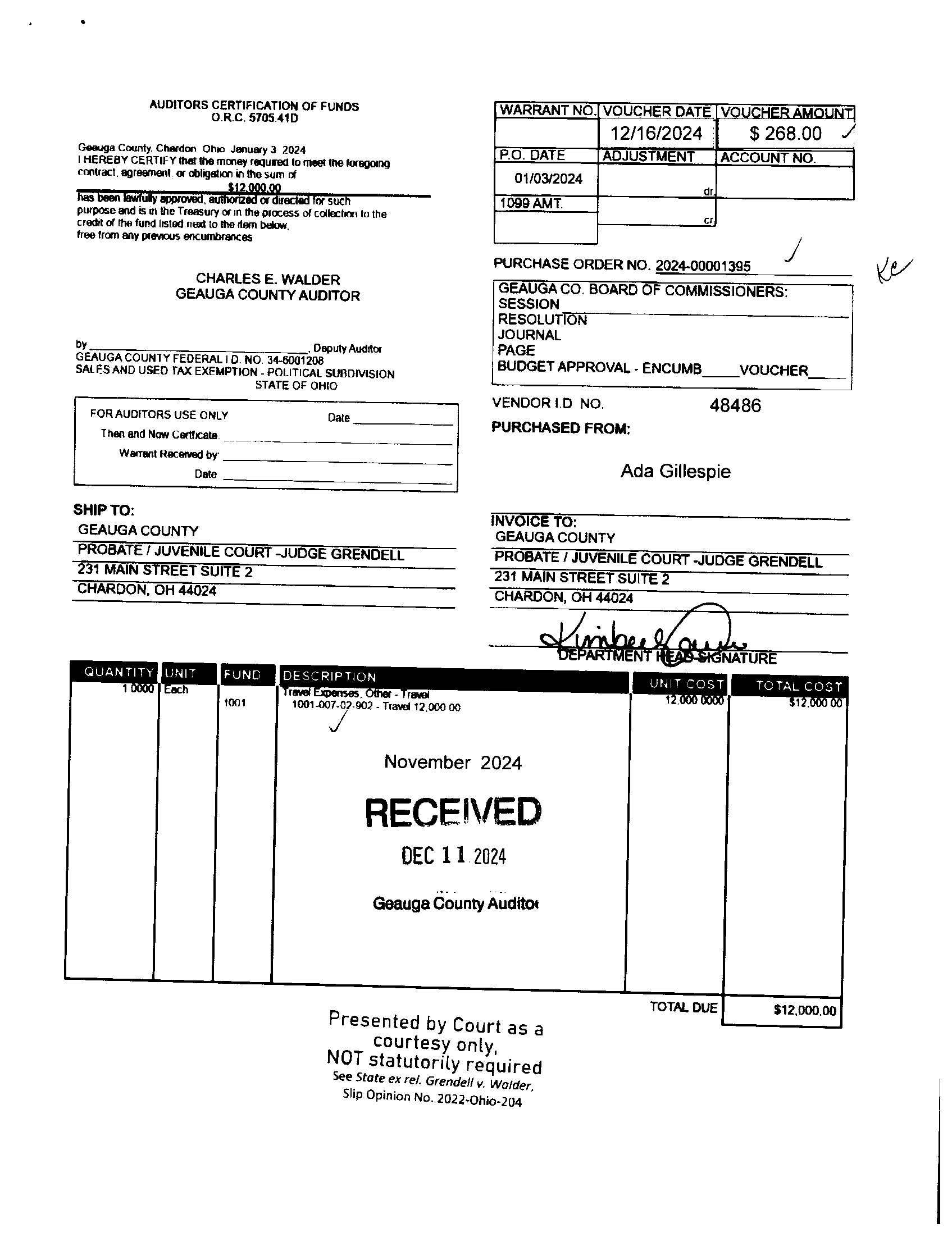 Auditor's Certification of Funds