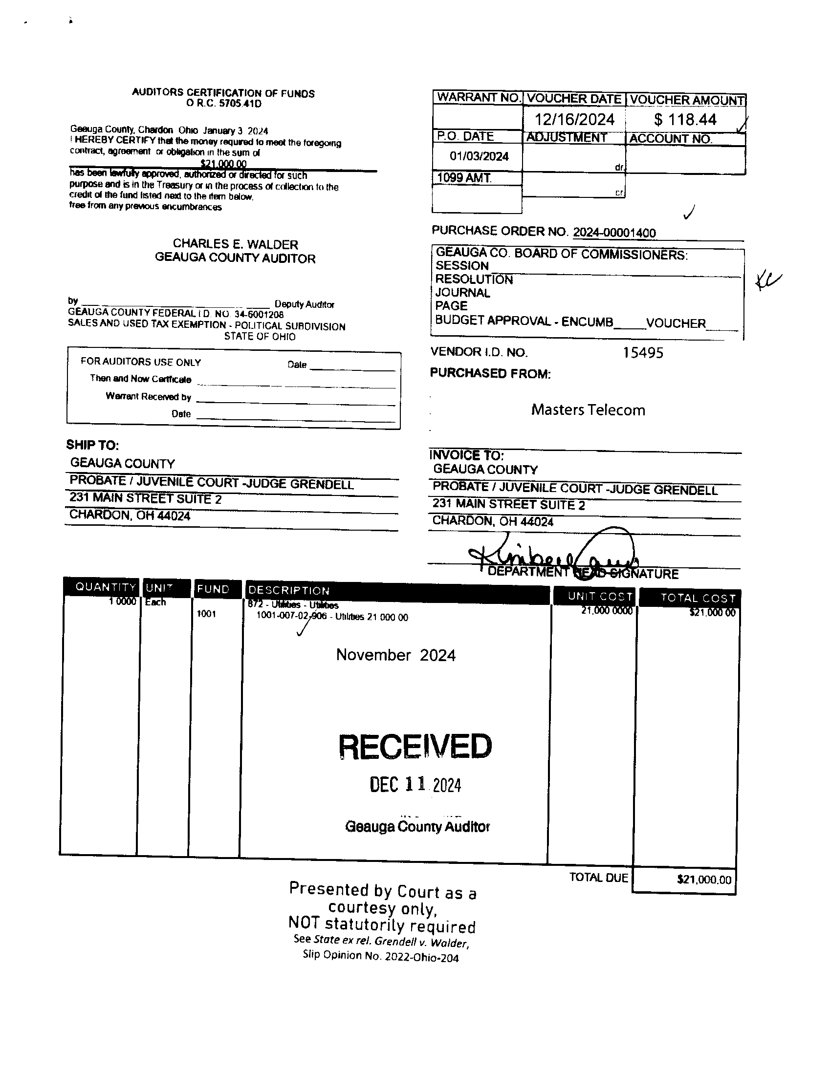 Auditor's Certification of Funds