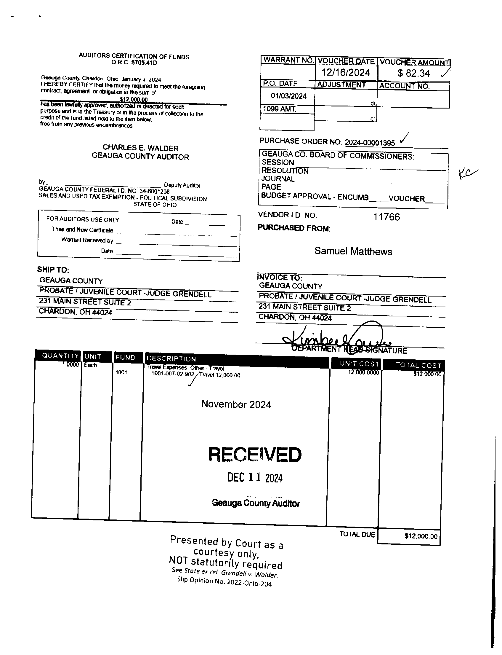 Auditor's Certification of Funds
