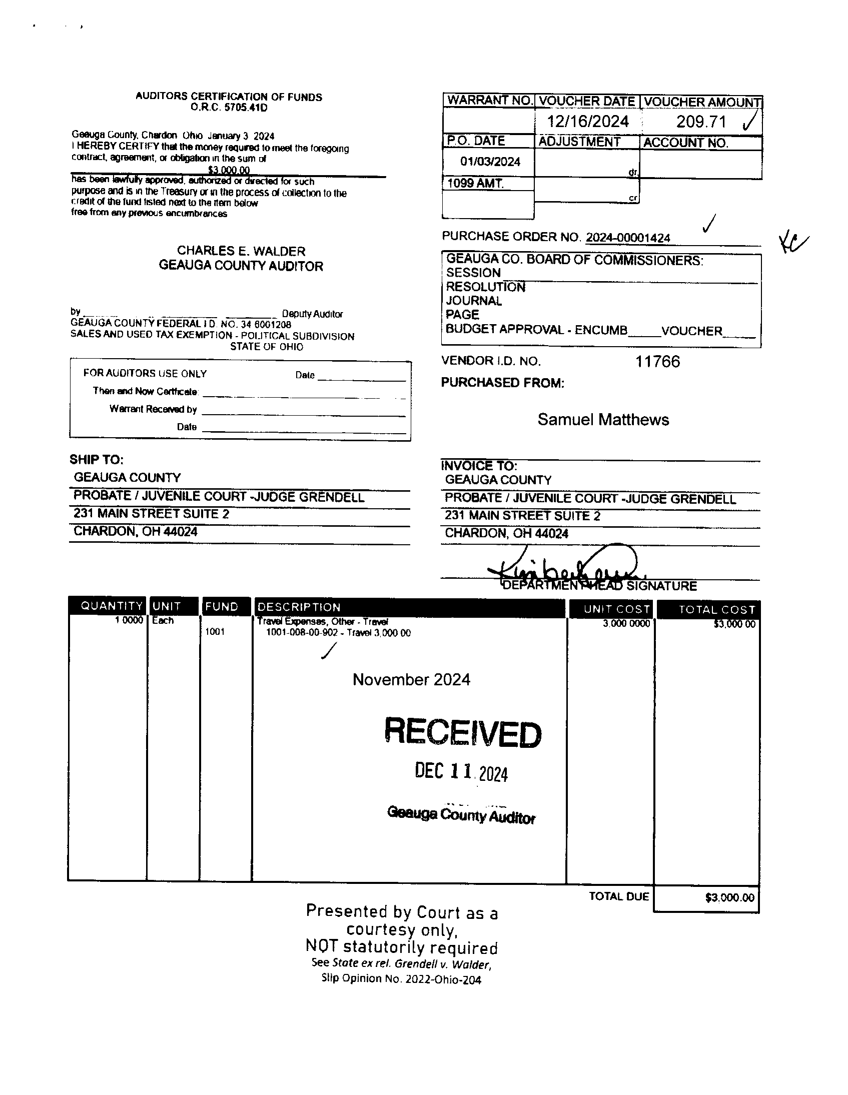 Auditor's Certification of Funds