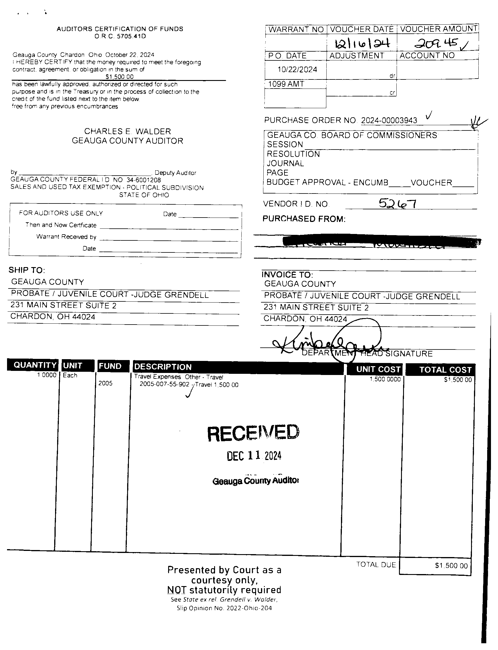 Auditor's Certification of Funds