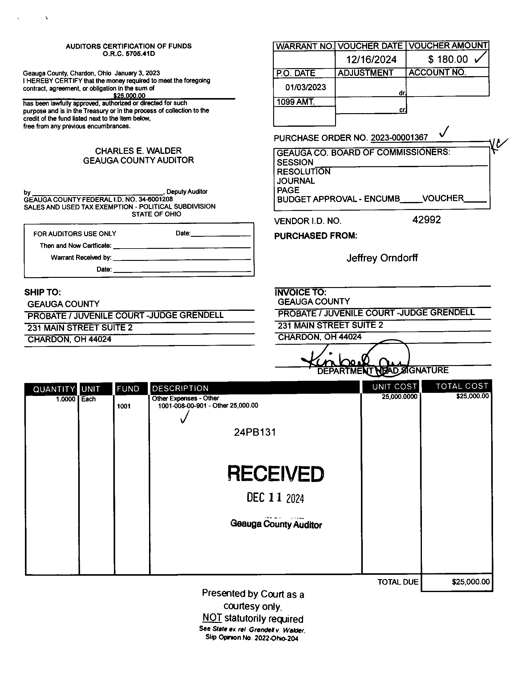 Auditor's Certification of Funds