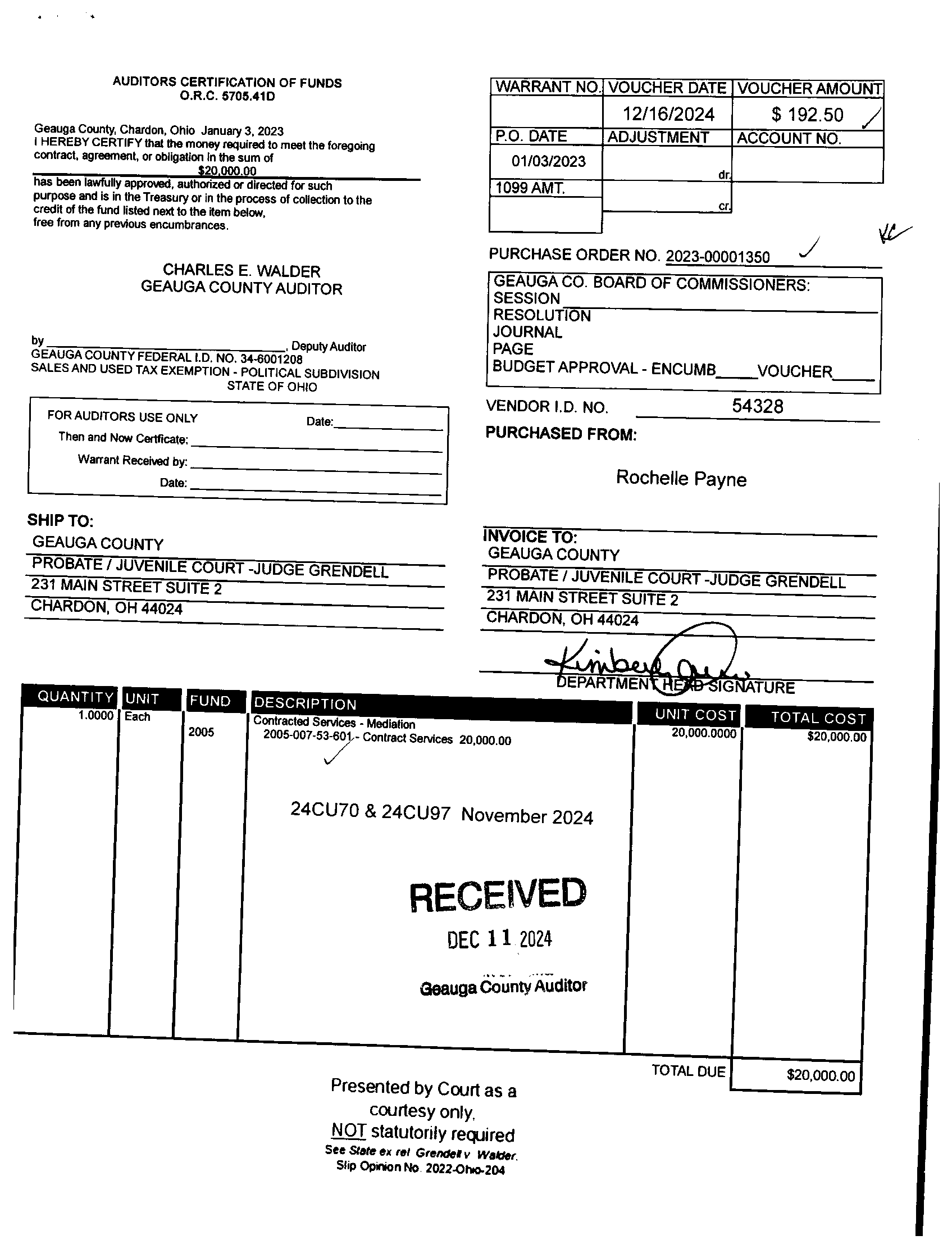 Auditor's Certification of Funds