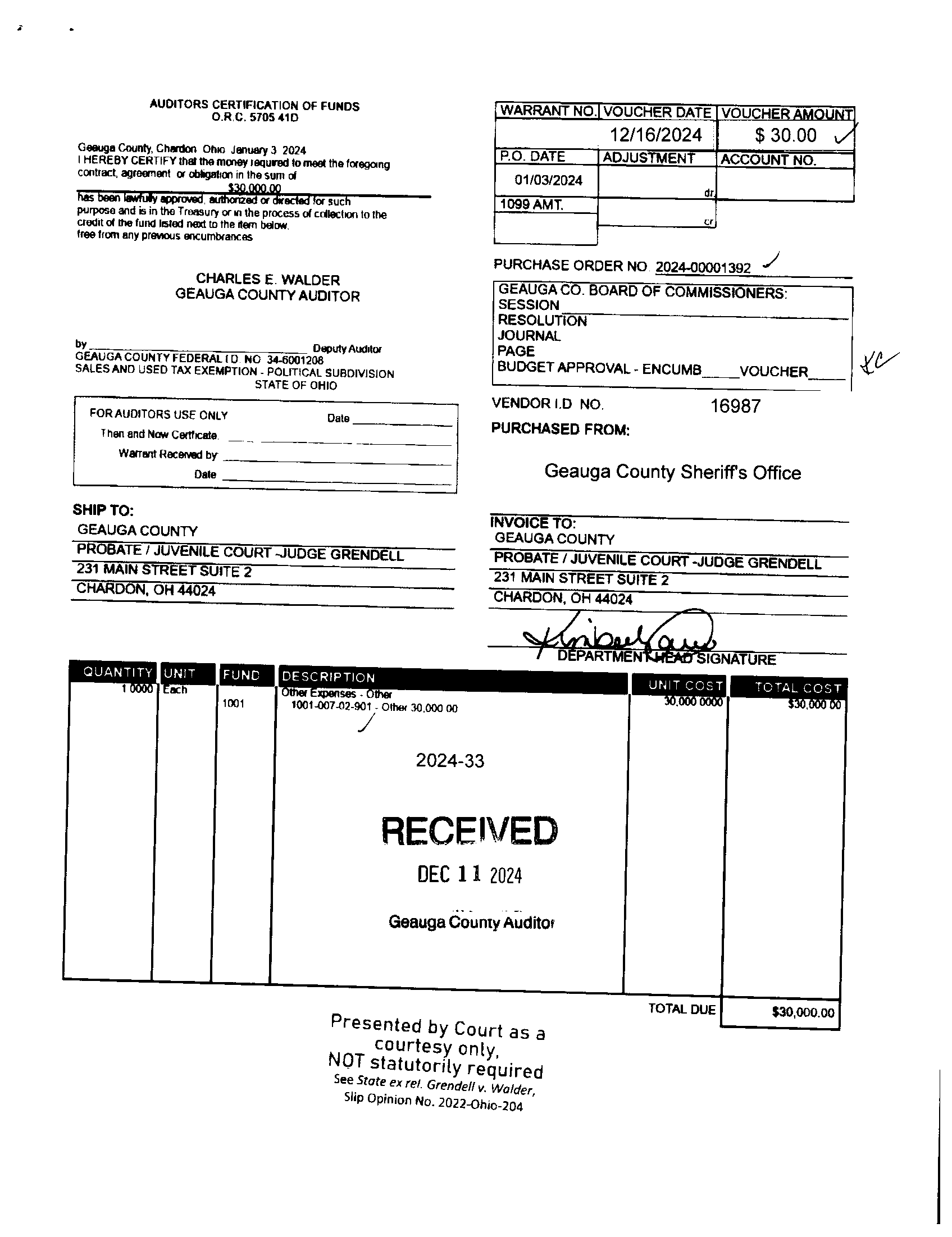 Auditor's Certification of Funds
