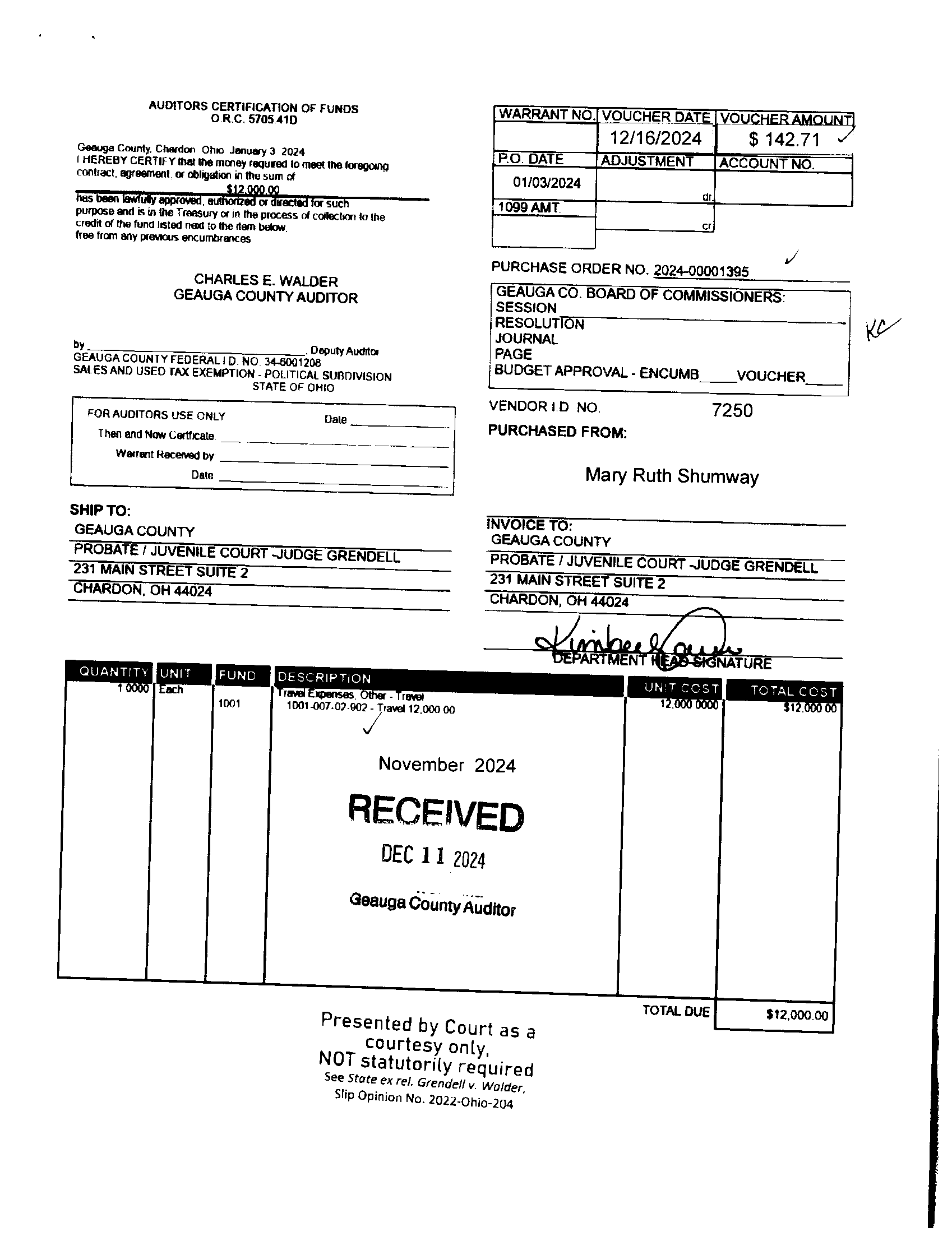 Auditor's Certification of Funds