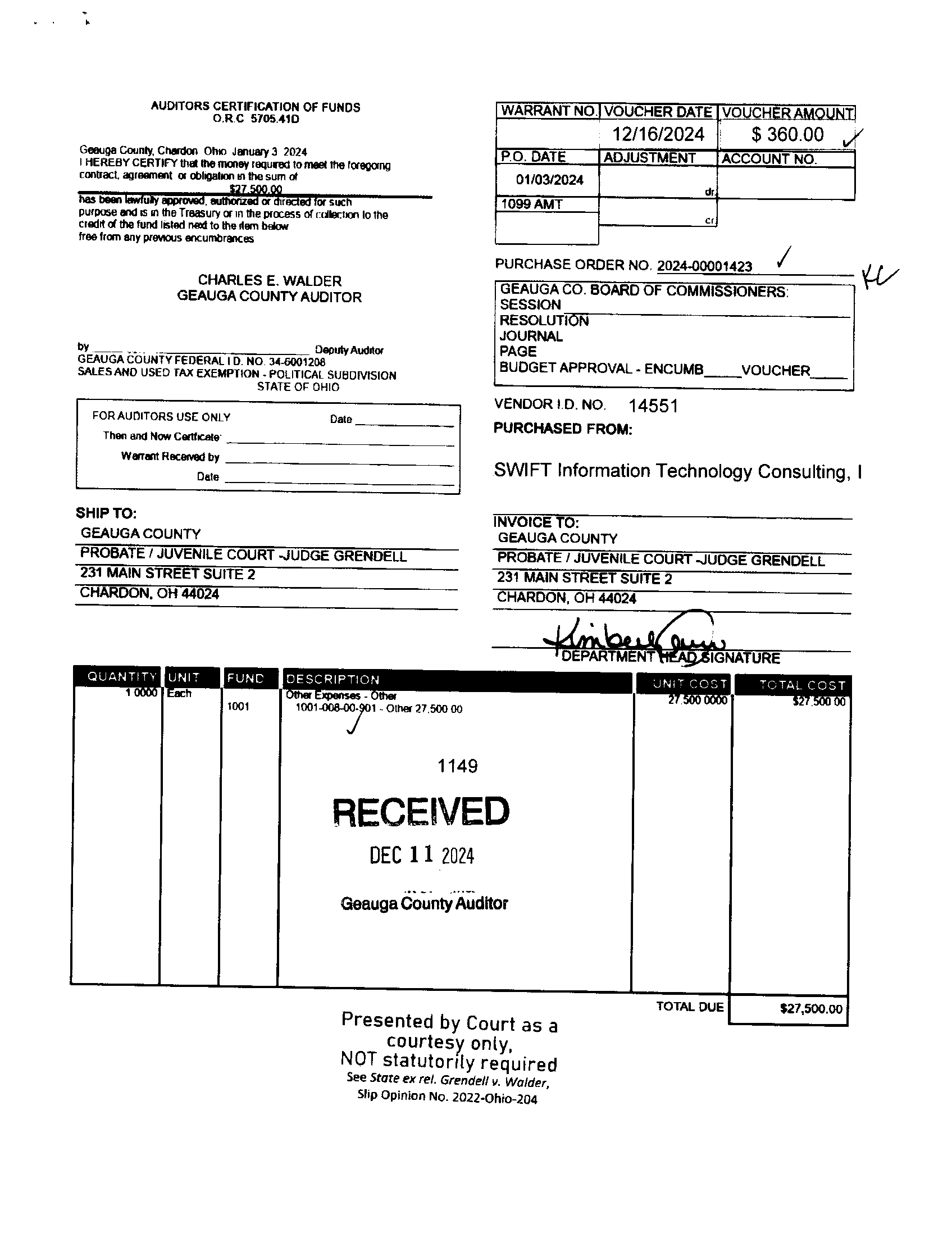 Auditor's Certification of Funds
