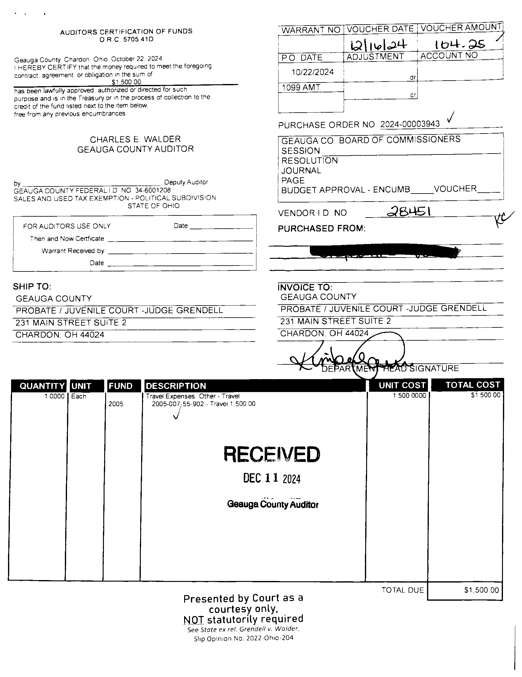 Auditor's Certification of Funds