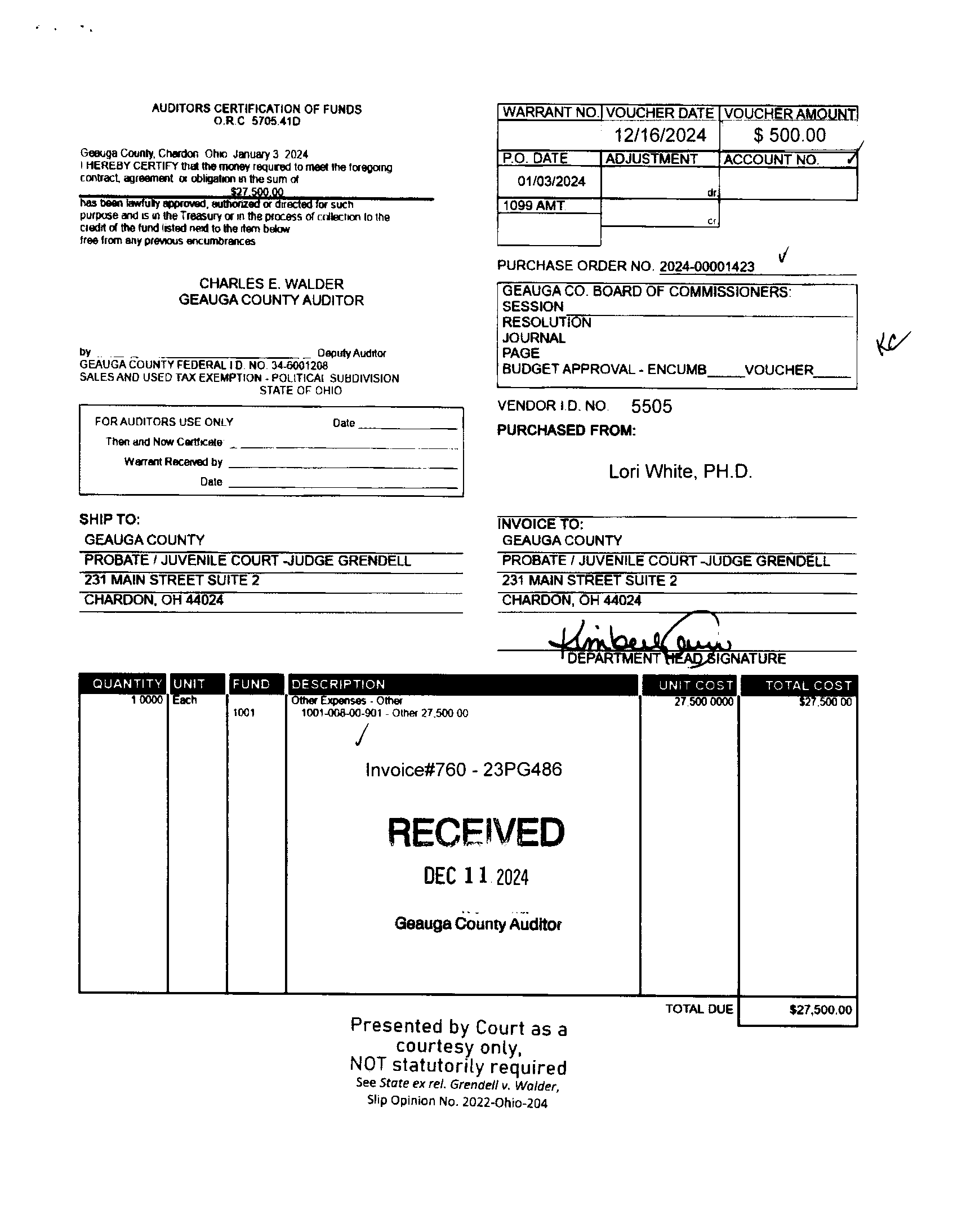 Auditor's Certification of Funds