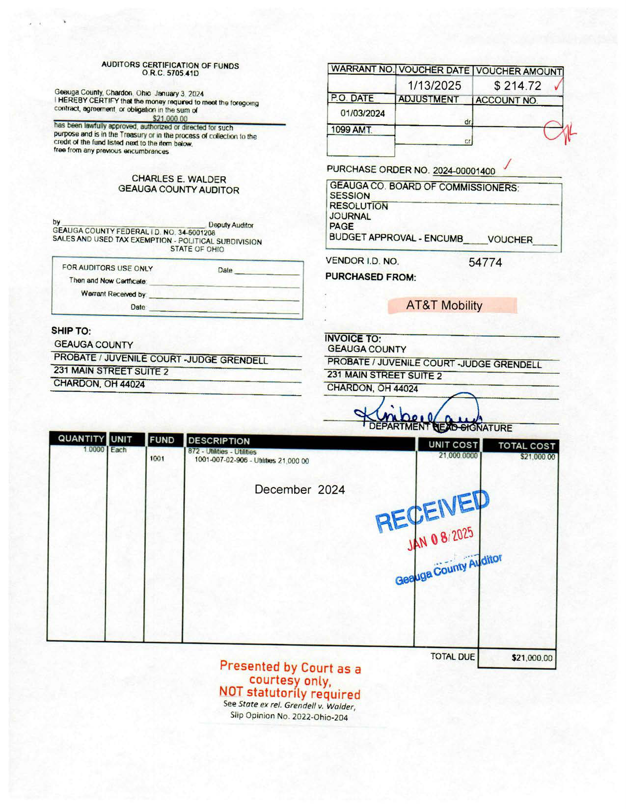 Auditor's Certification of Funds