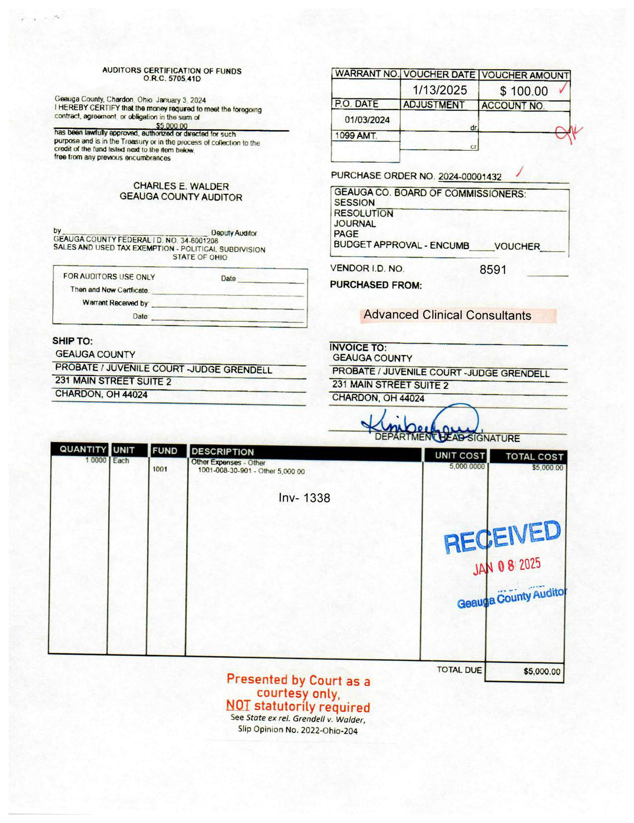 Auditor's Certification of Funds