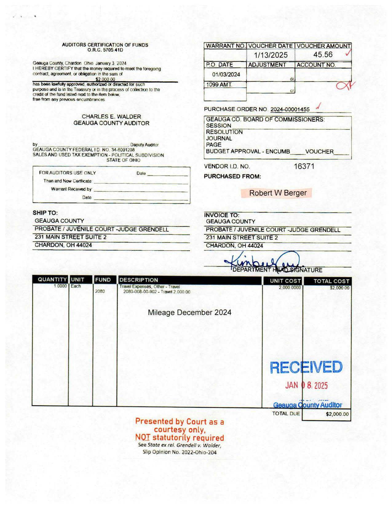 Auditor's Certification of Funds
