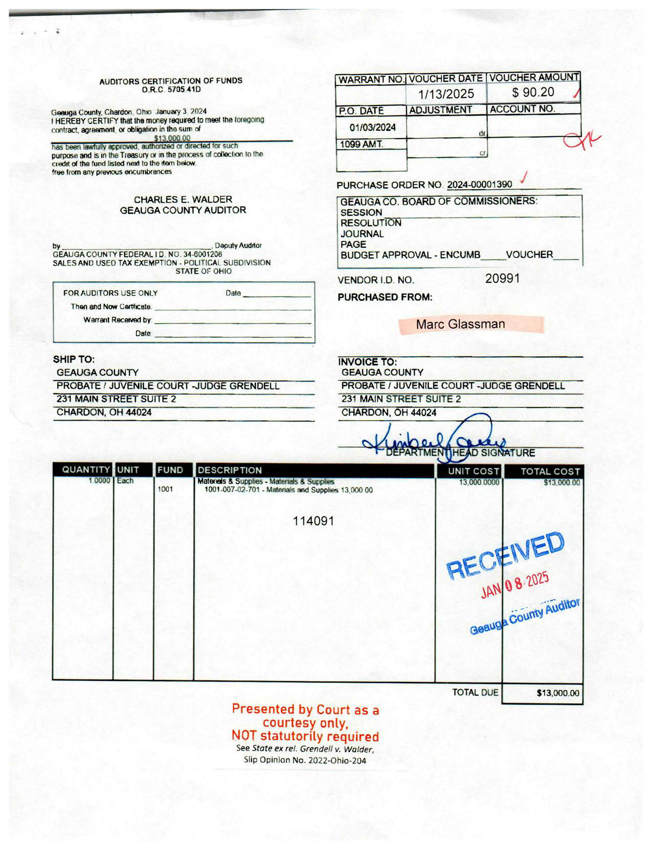 Auditor's Certification of Funds