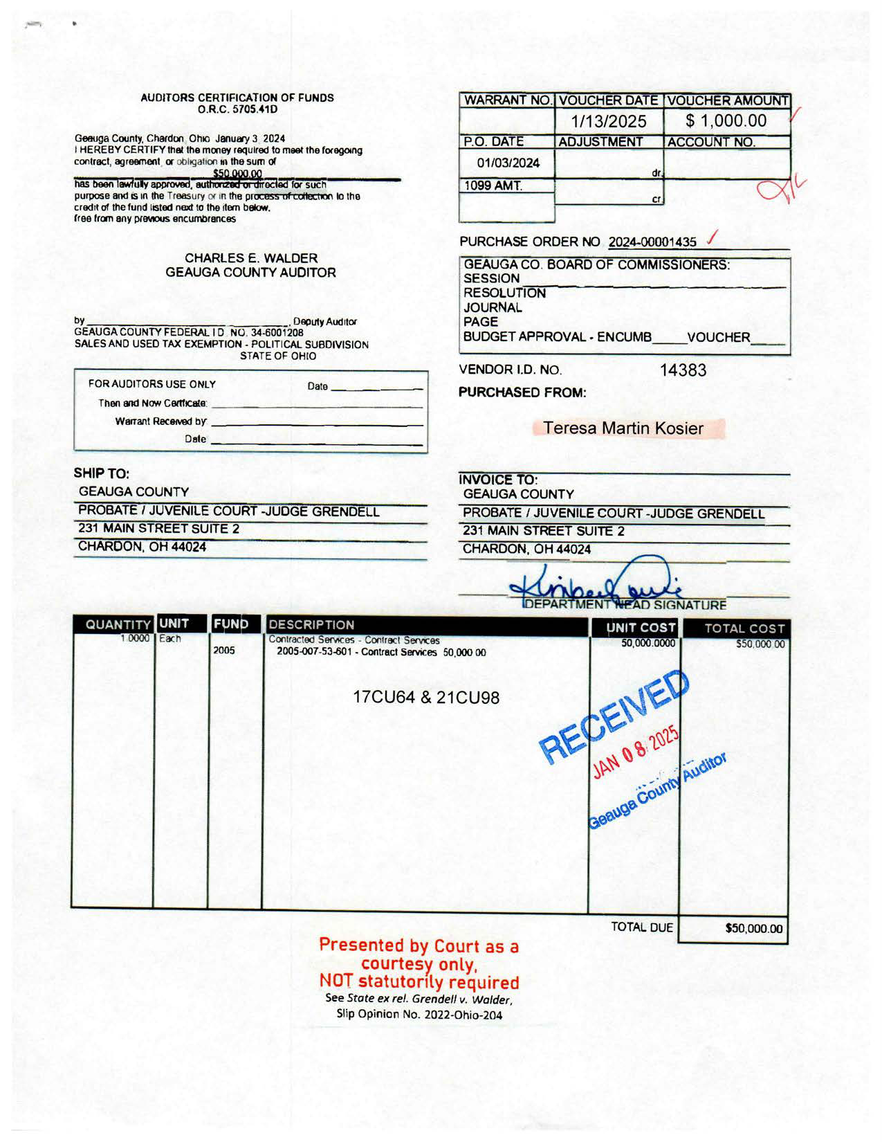 Auditor's Certification of Funds