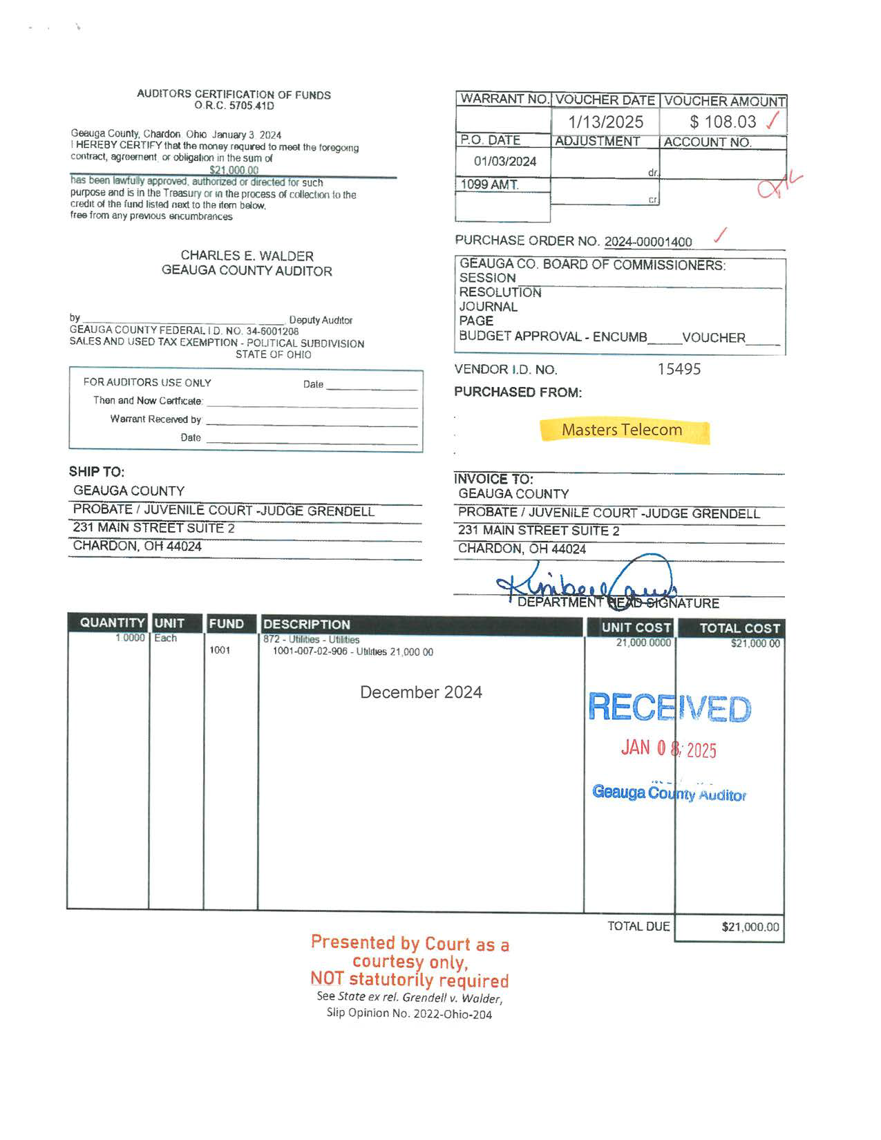 Auditor's Certification of Funds