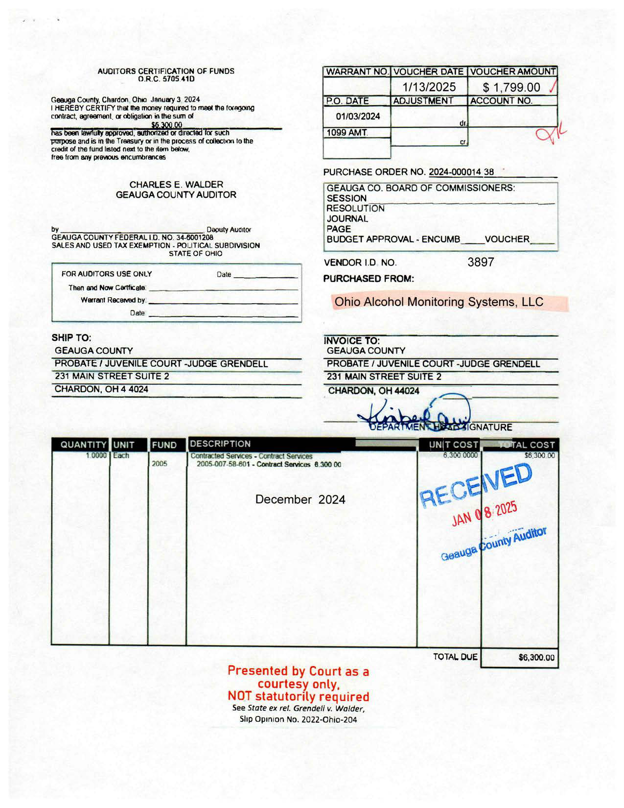 Auditor's Certification of Funds