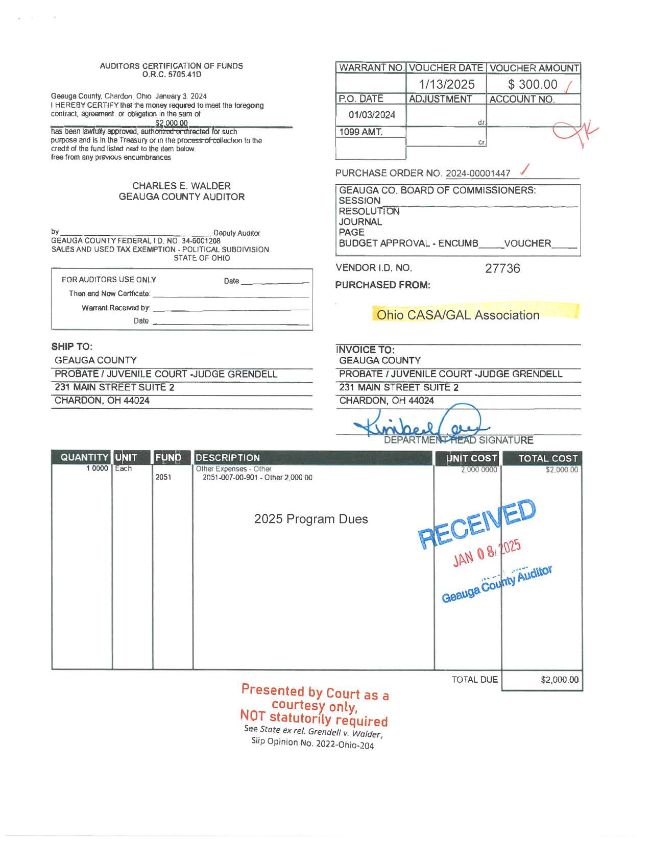 Auditor's Certification of Funds