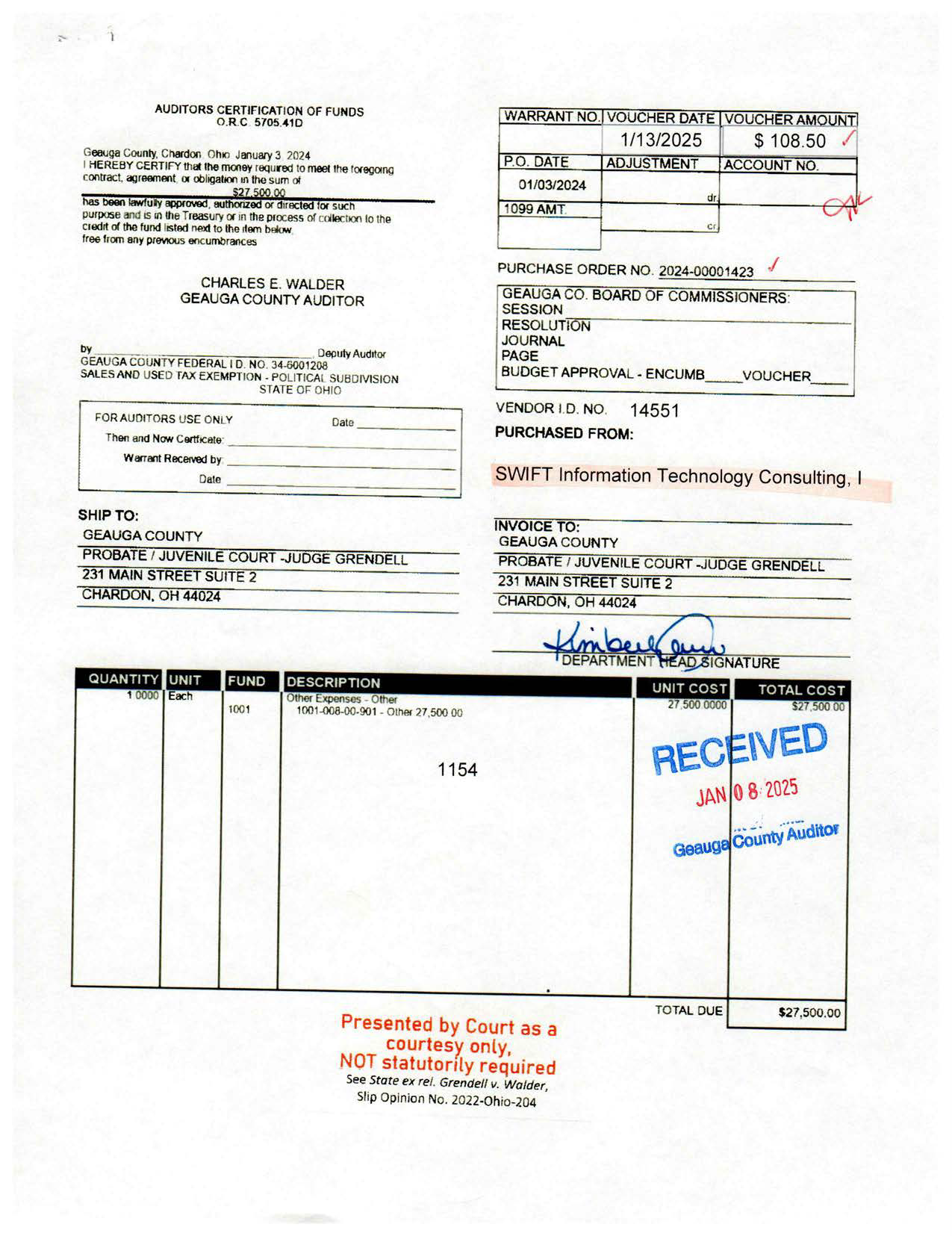 Auditor's Certification of Funds