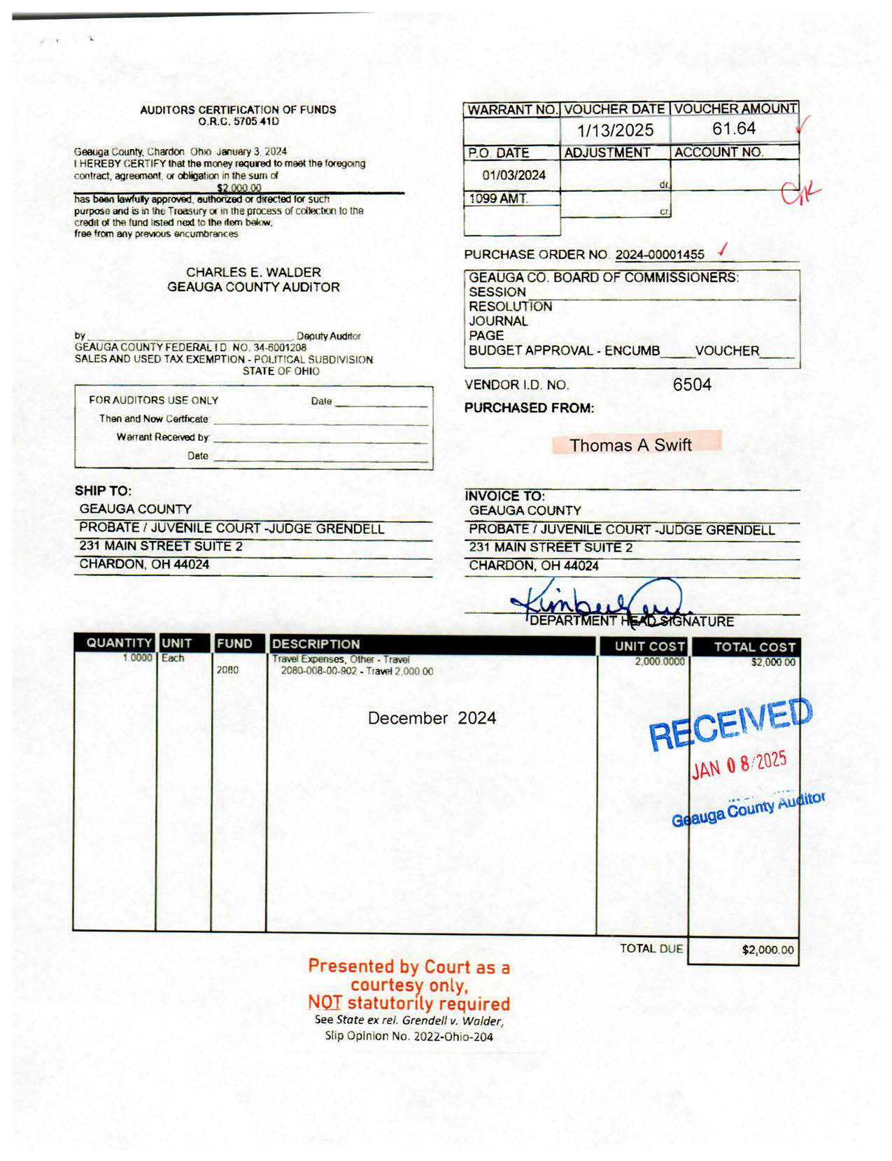 Auditor's Certification of Funds