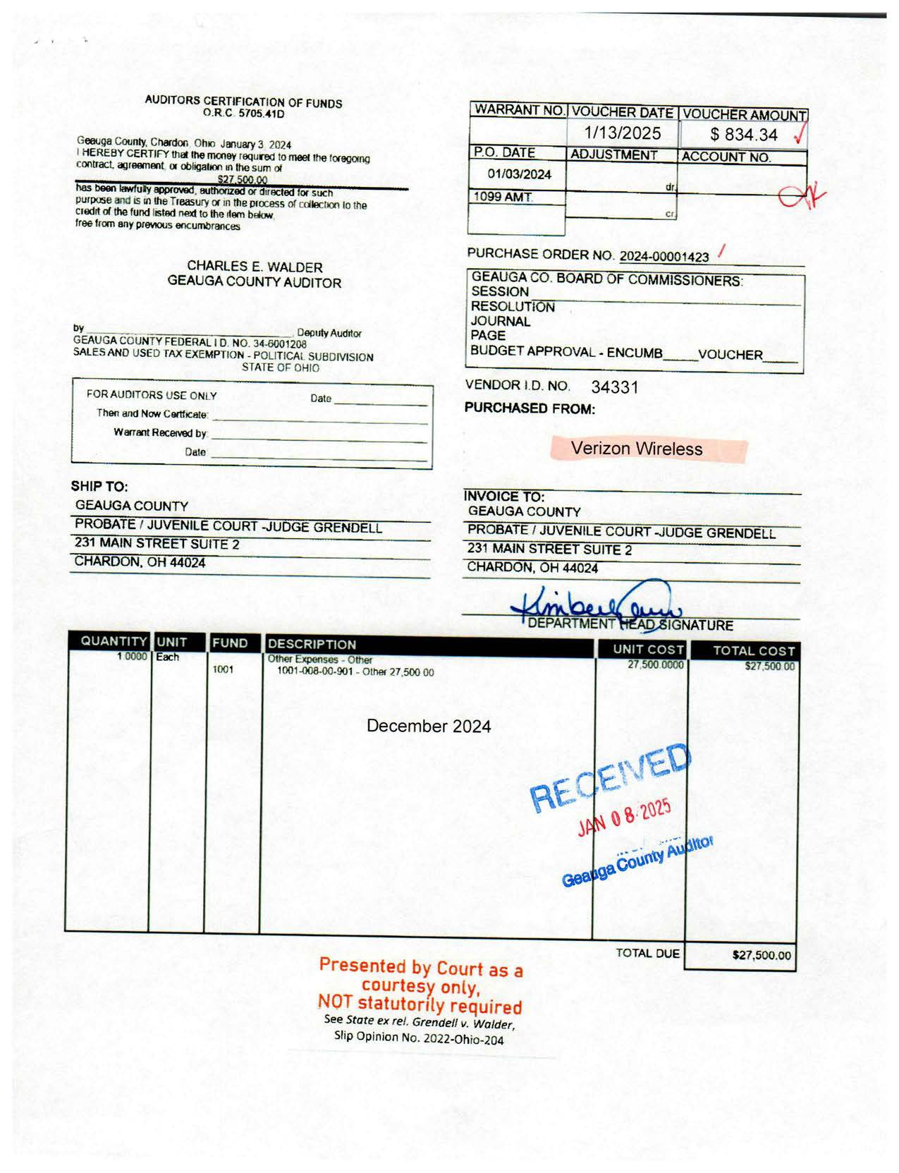 Auditor's Certification of Funds