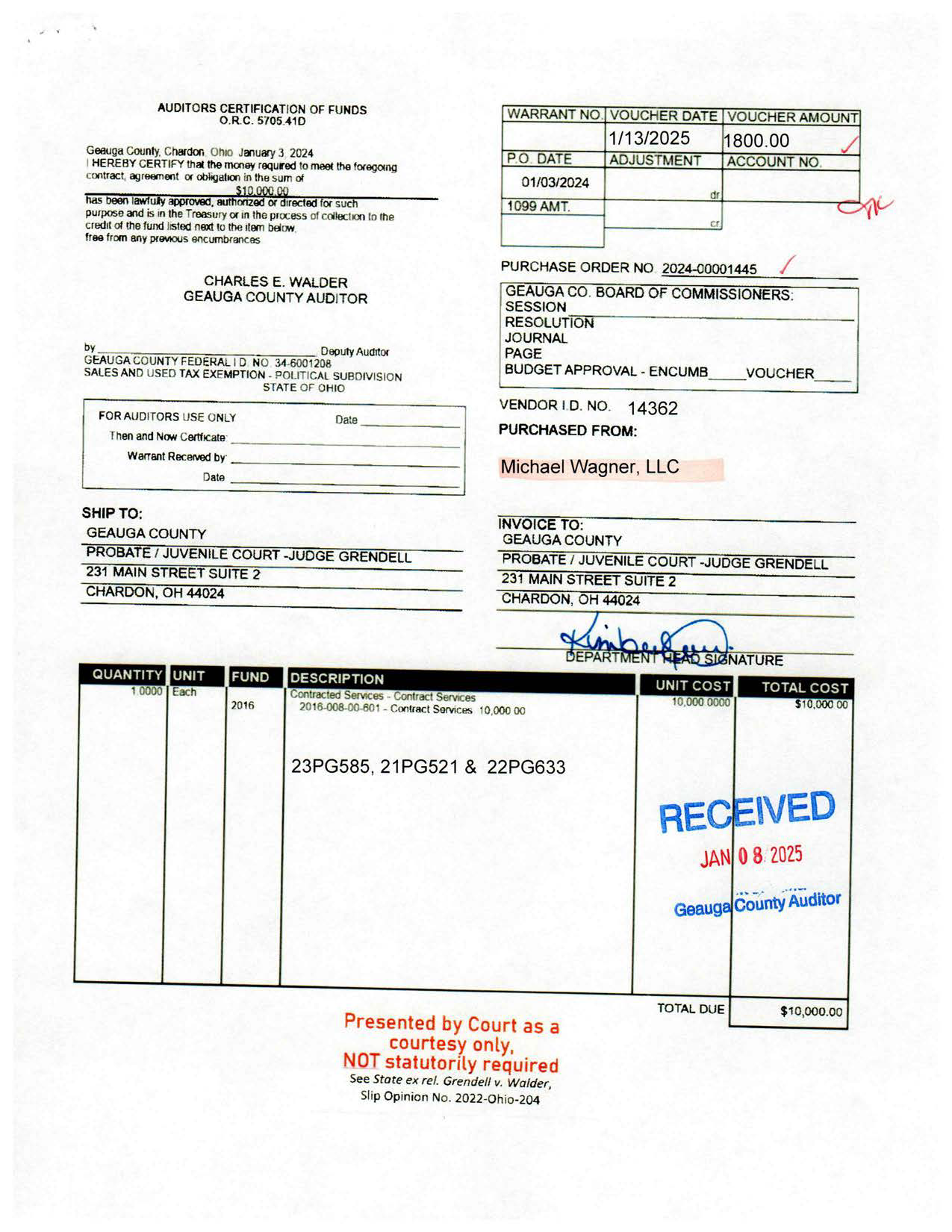 Auditor's Certification of Funds