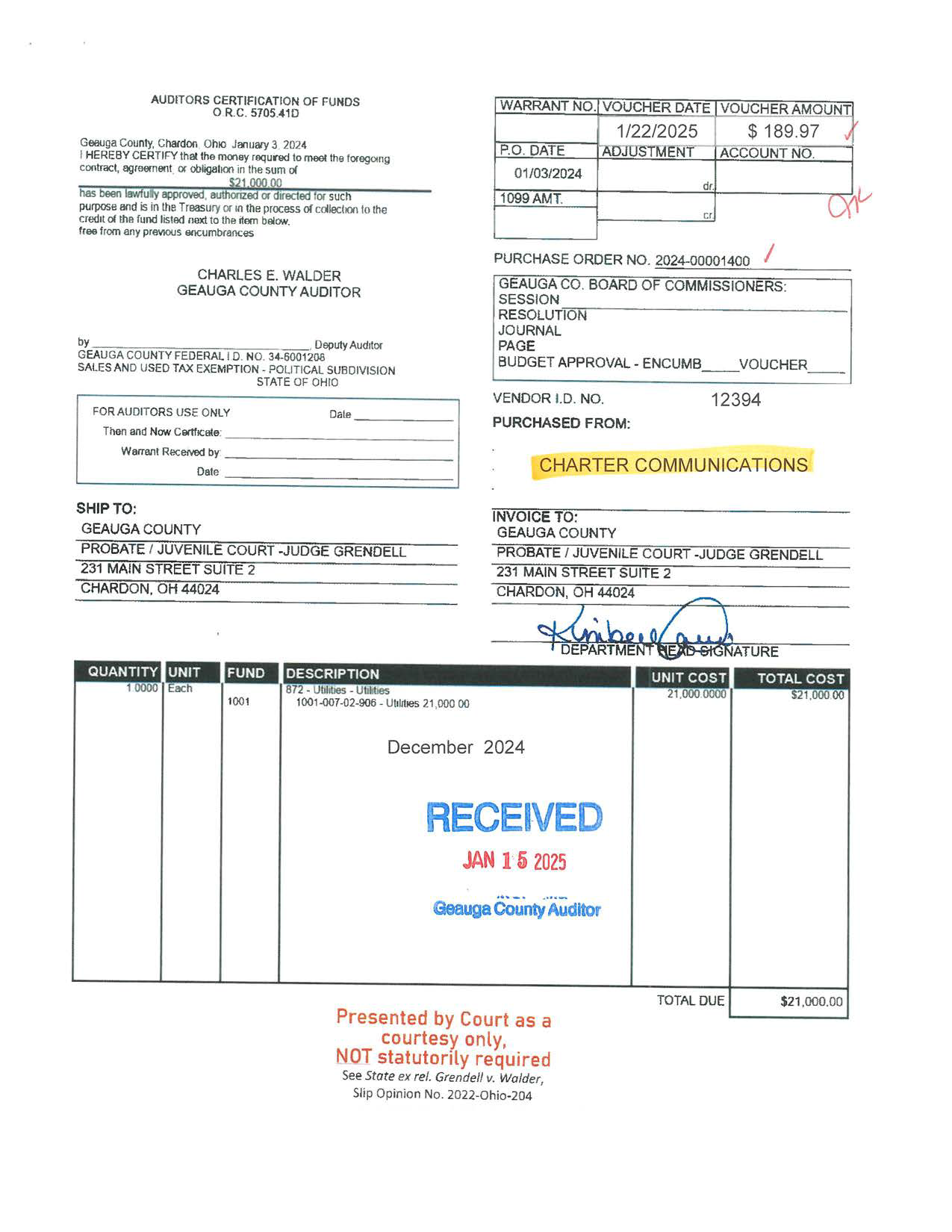 Auditor's Certification of Funds