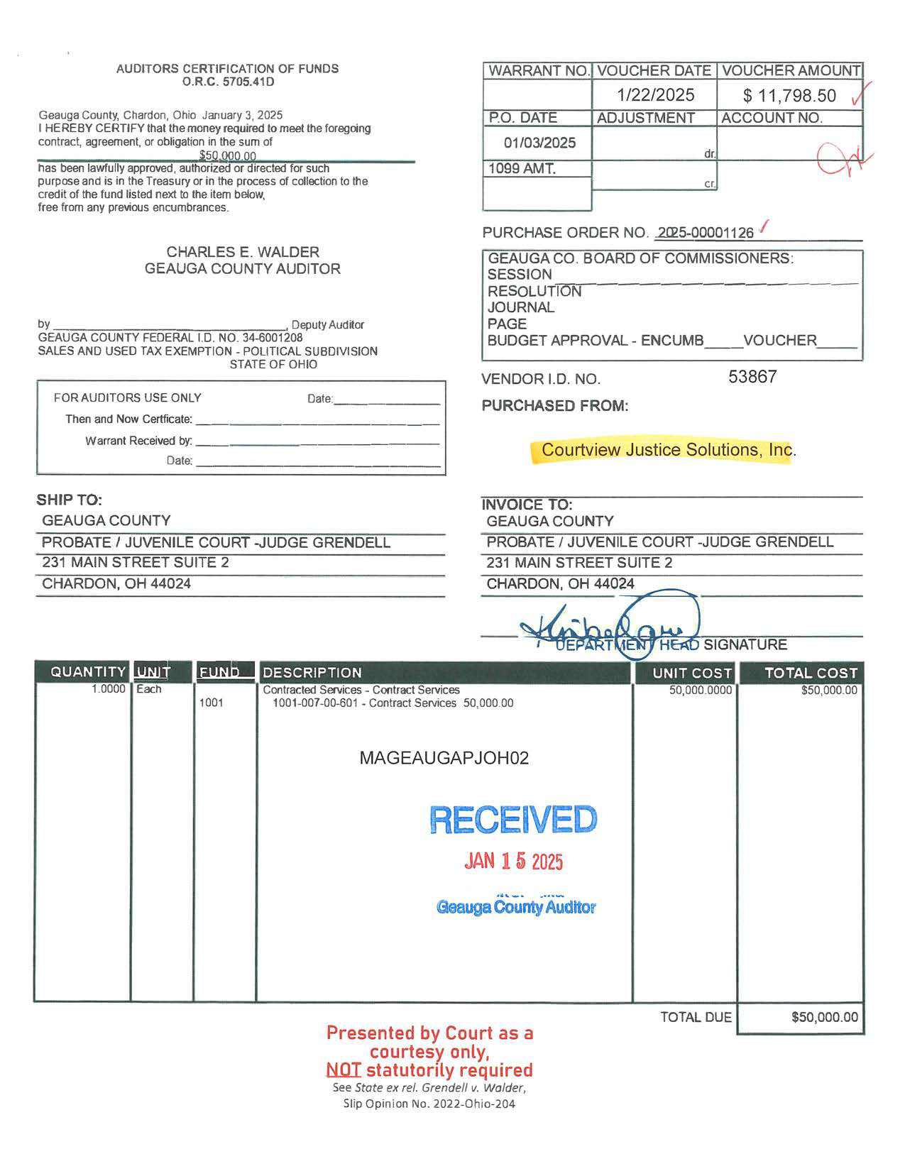 Auditor's Certification of Funds