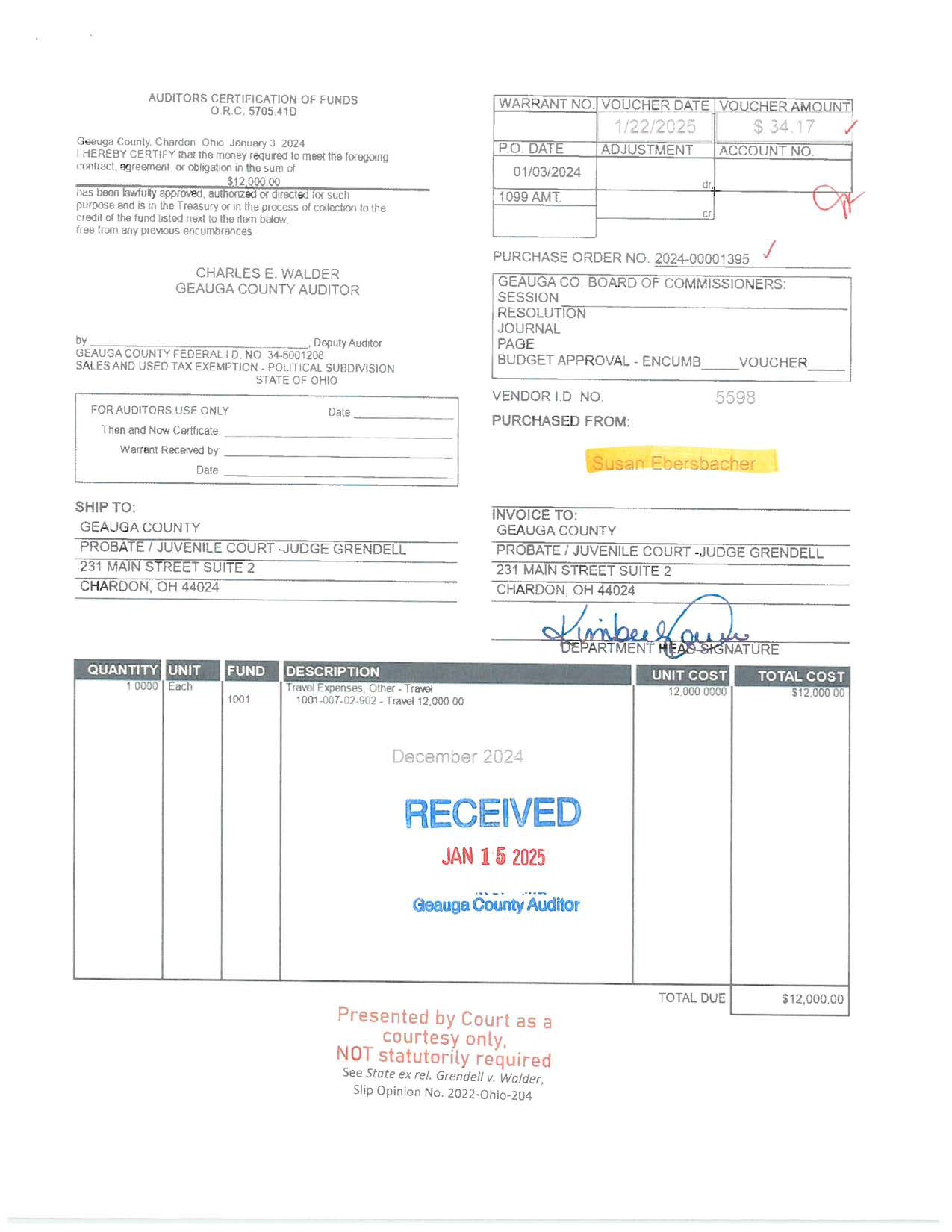 Auditor's Certification of Funds