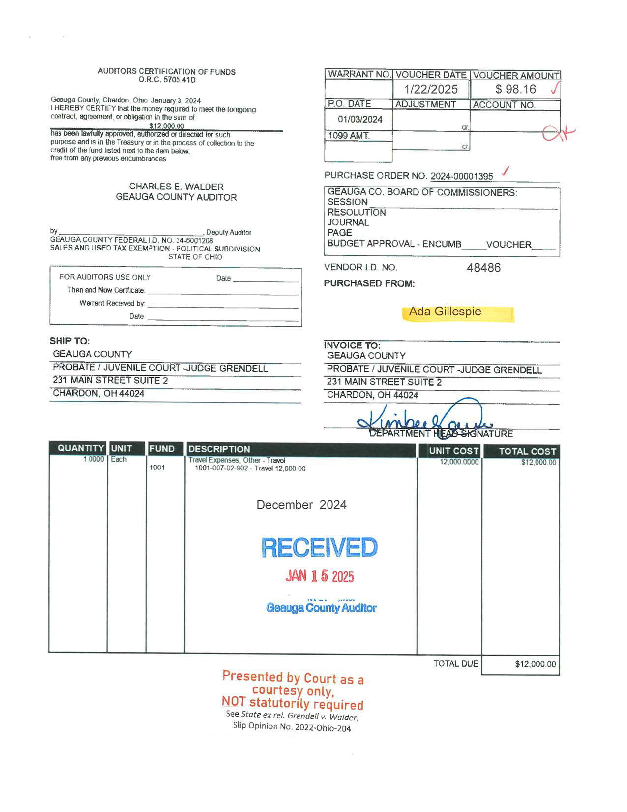 Auditor's Certification of Funds