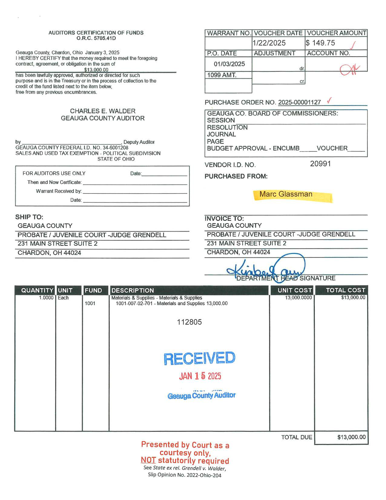 Auditor's Certification of Funds
