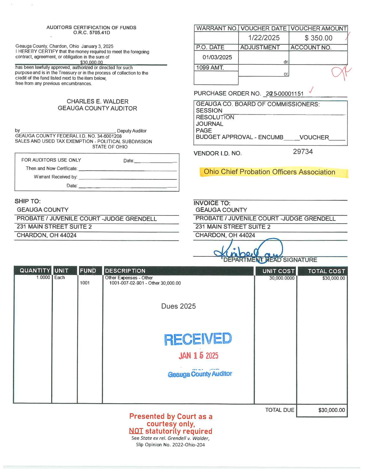 Auditor's Certification of Funds