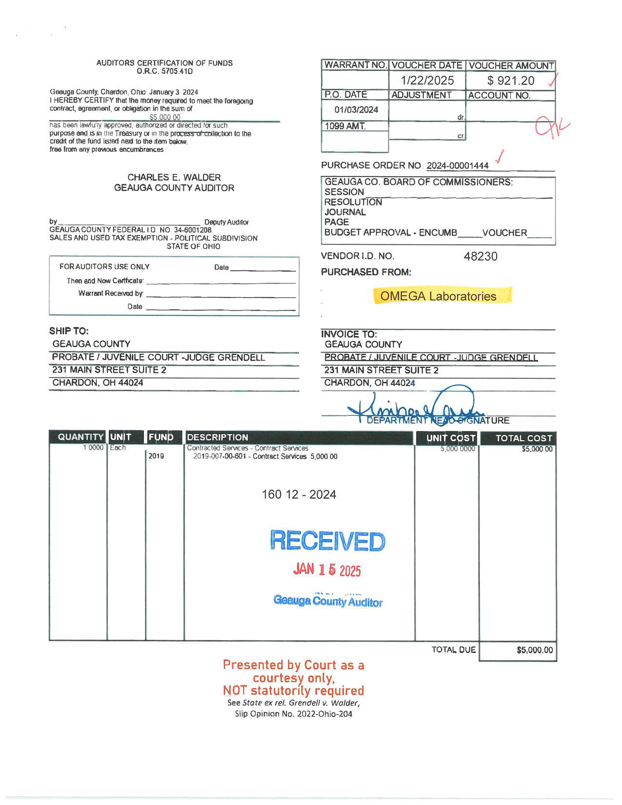 Auditor's Certification of Funds