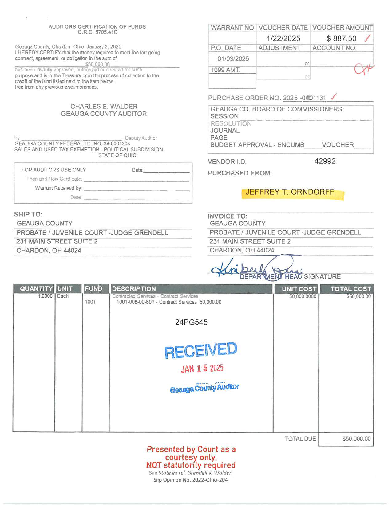 Auditor's Certification of Funds