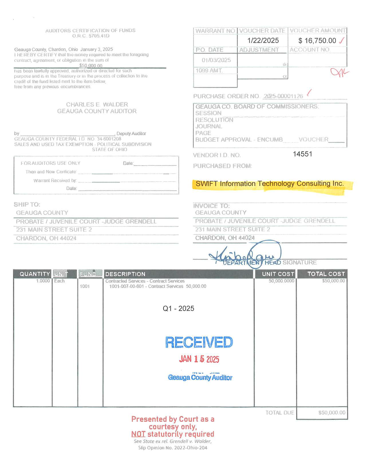 Auditor's Certification of Funds
