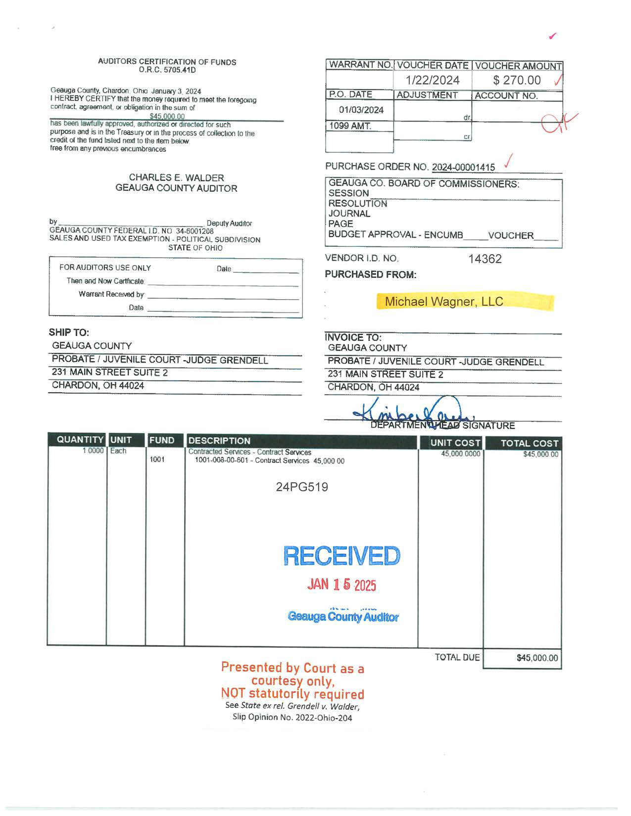 Auditor's Certification of Funds