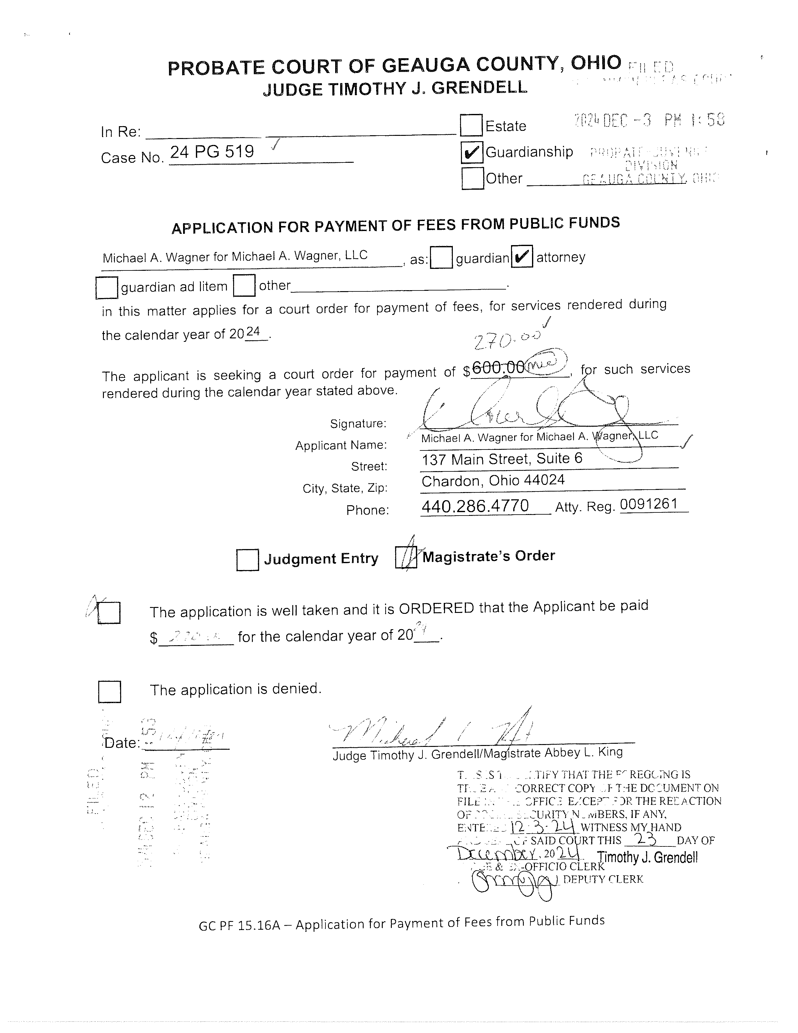 Application for Payment of Fees From Public Funds