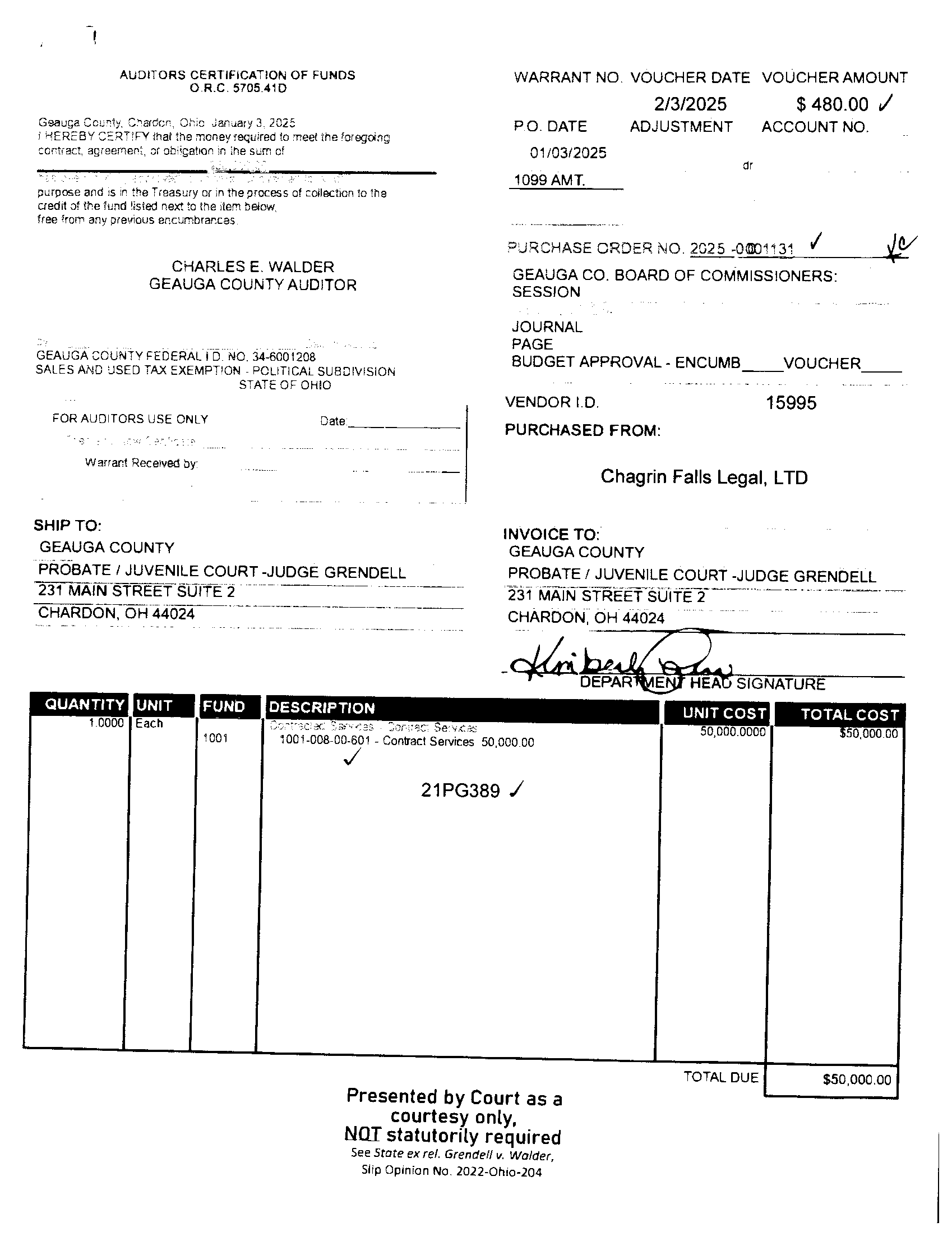 Auditor's Certification of Funds