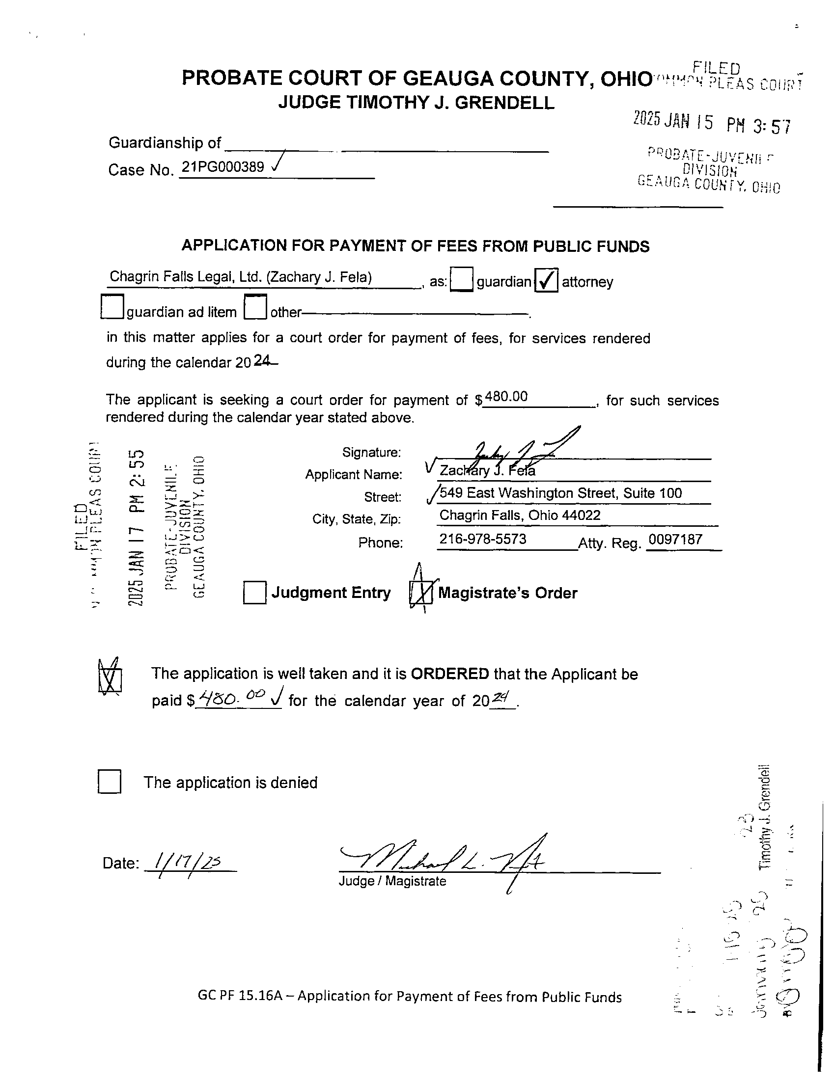 Application for Payment of Fees From Public Funds
