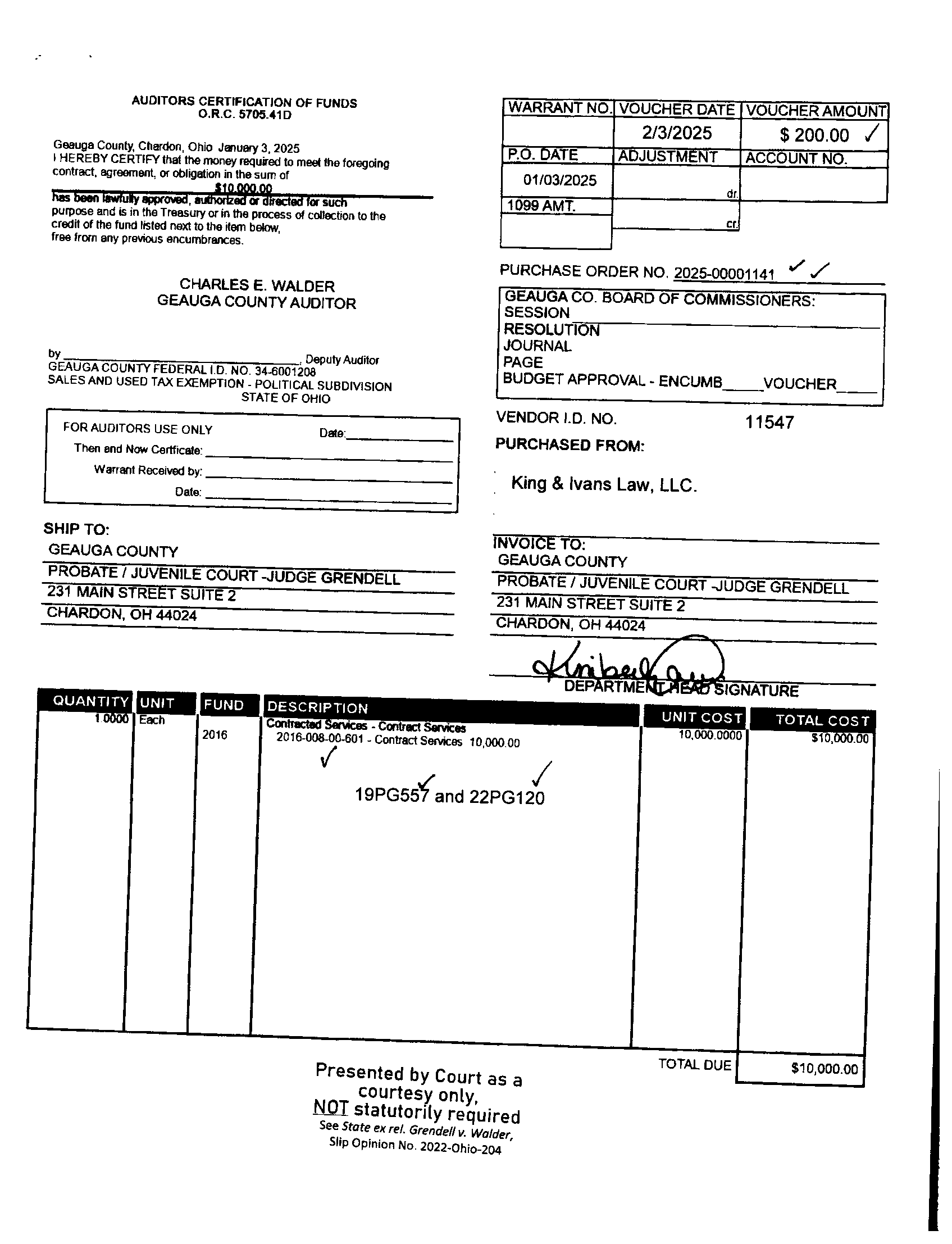 Auditor's Certification of Funds