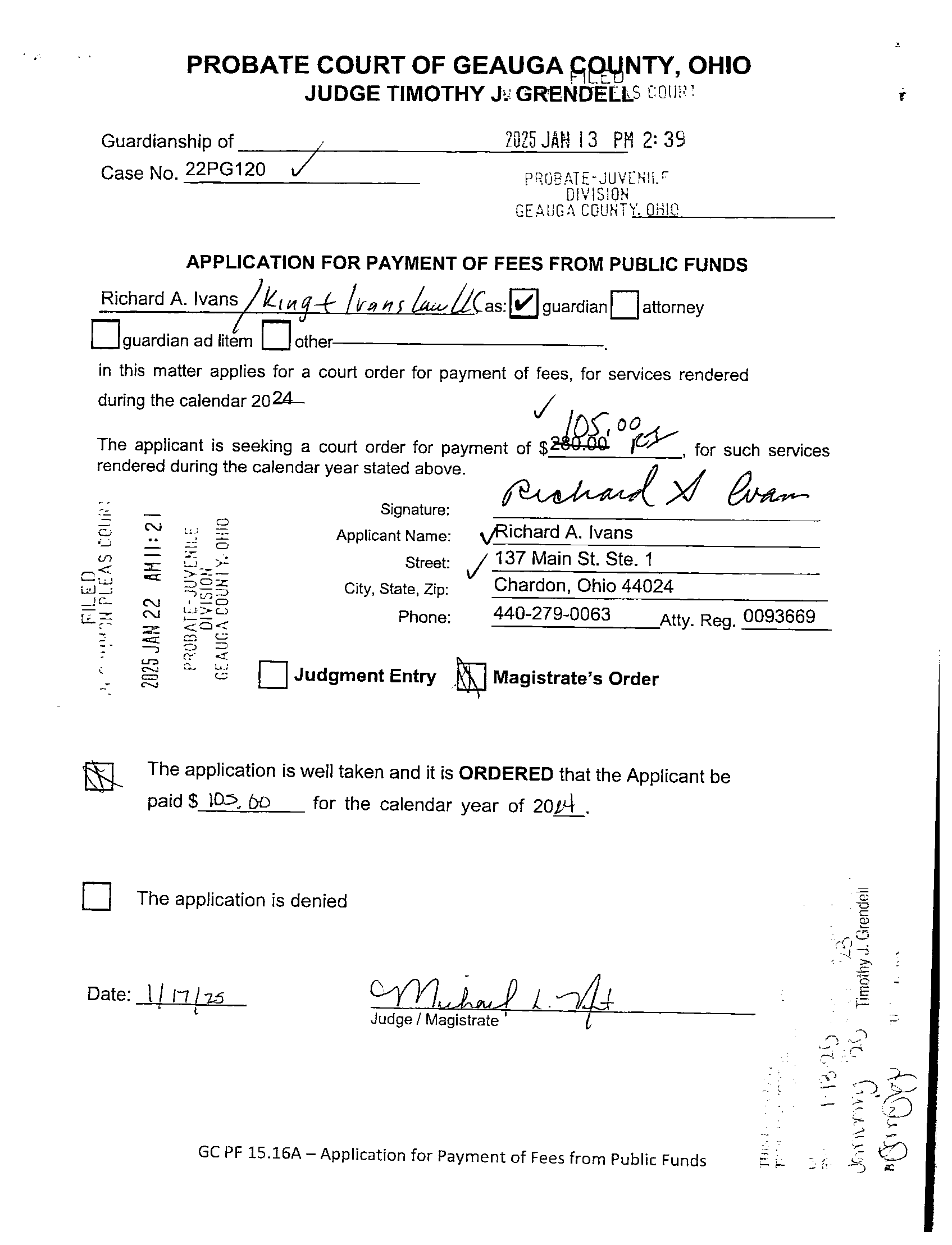 Application for Payment of Fees From Public Funds