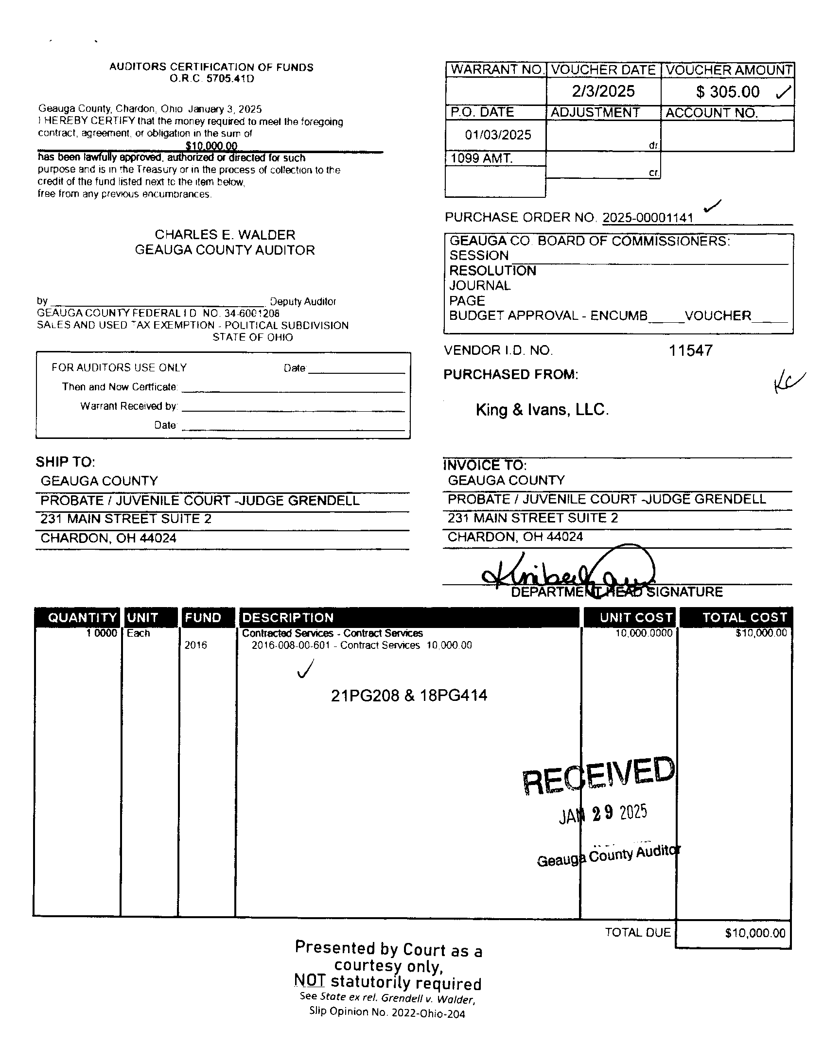 Auditor's Certification of Funds