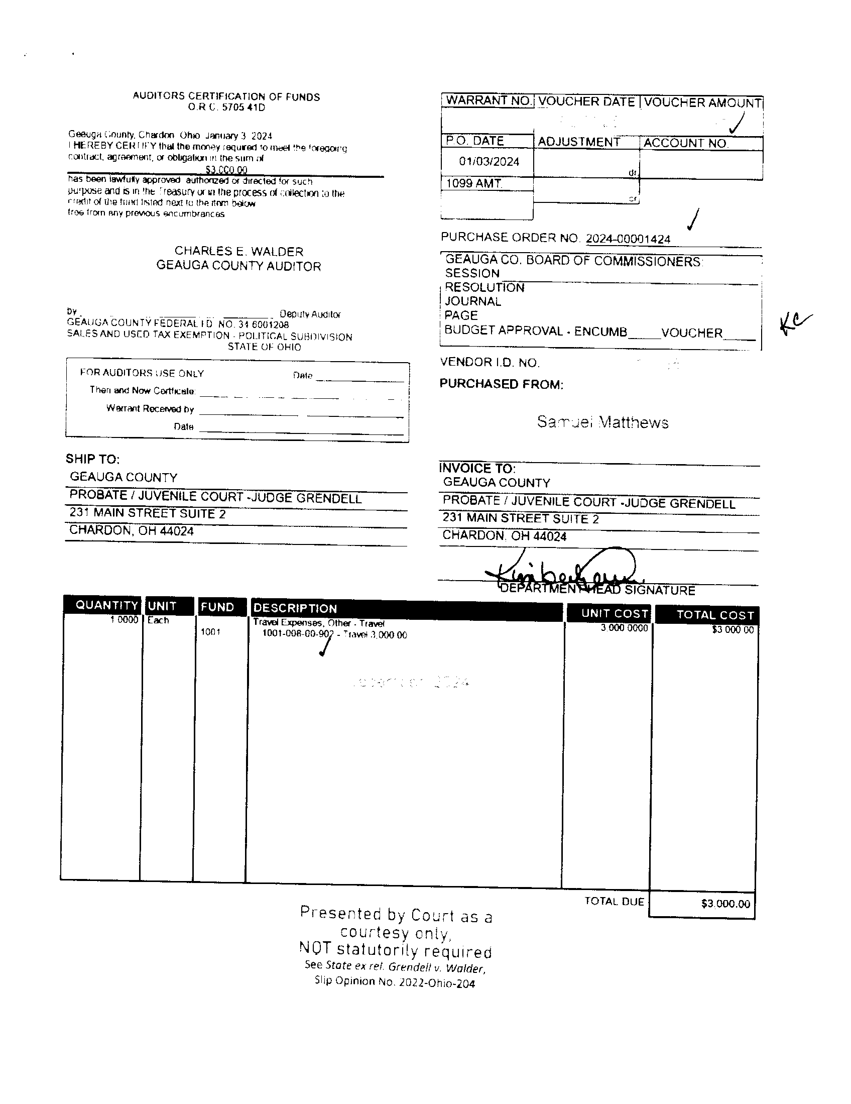 Auditor's Certification of Funds