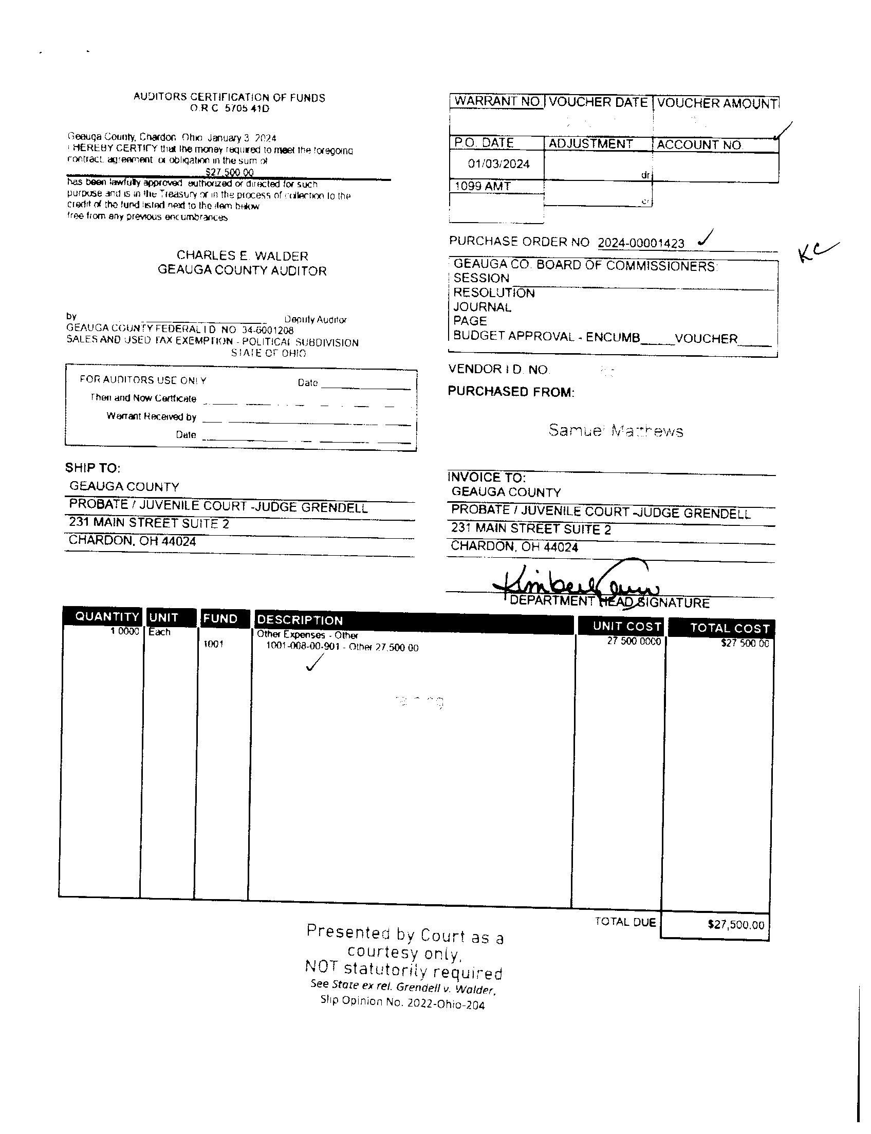 Auditor's Certification of Funds