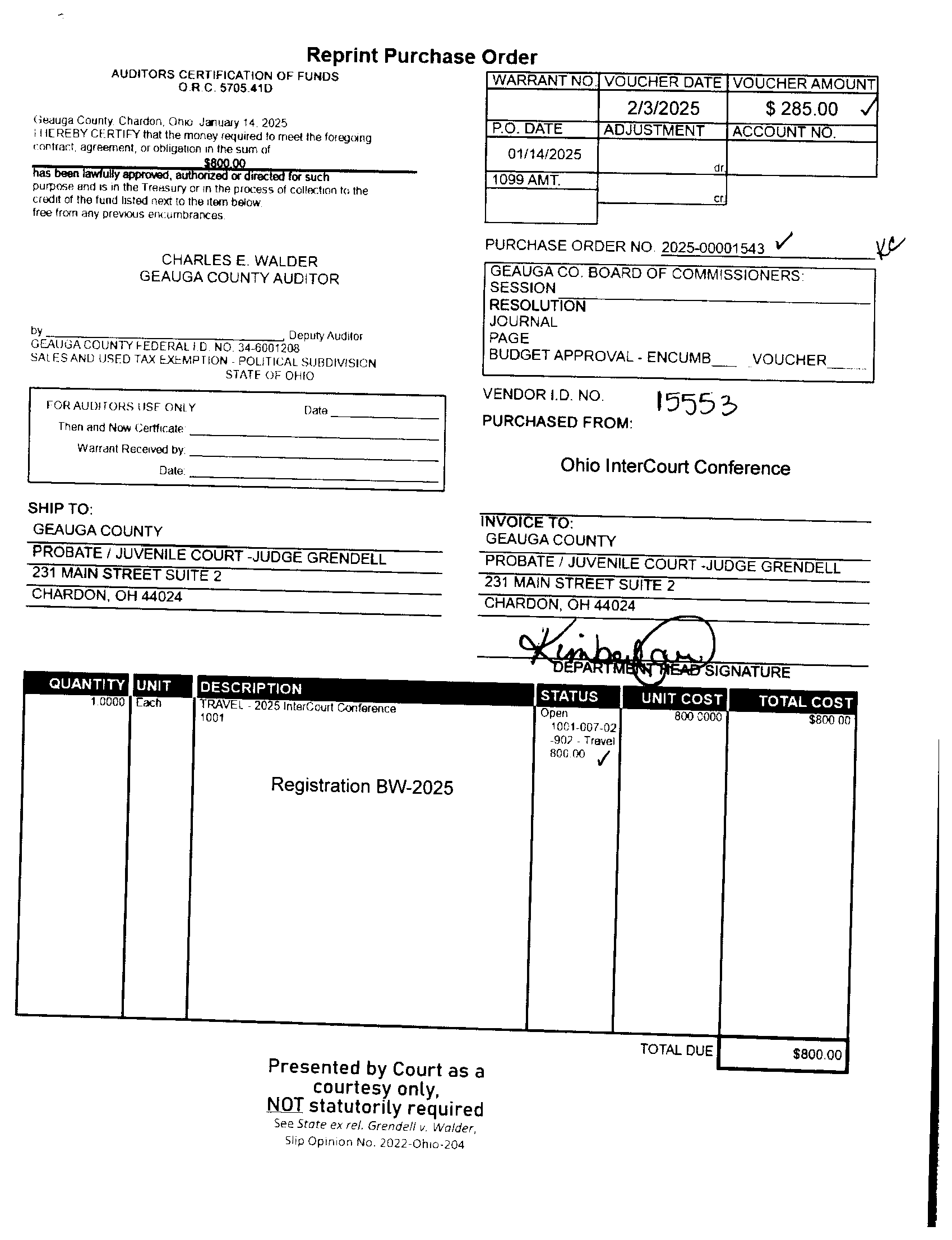 Auditor's Certification of Funds