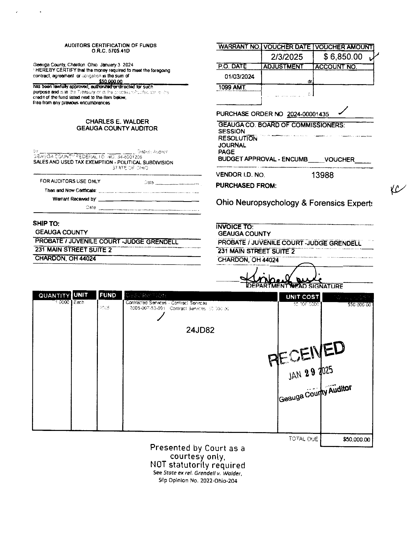 Auditor's Certification of Funds