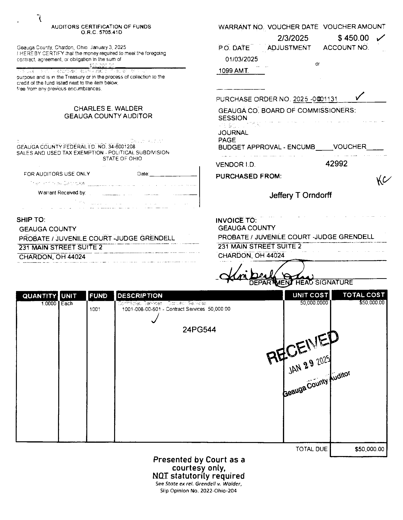 Auditor's Certification of Funds