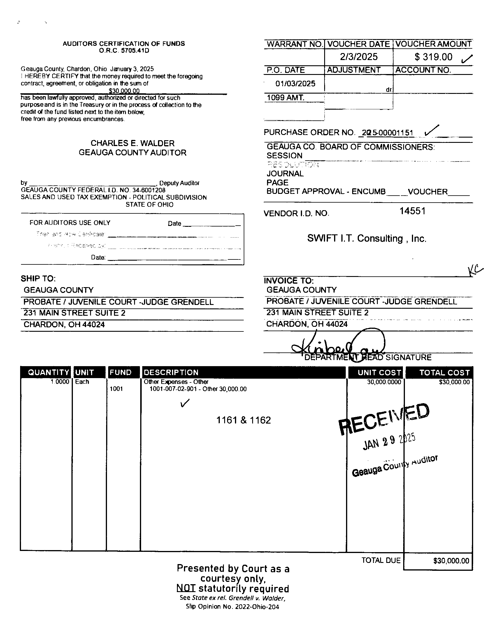 Auditor's Certification of Funds