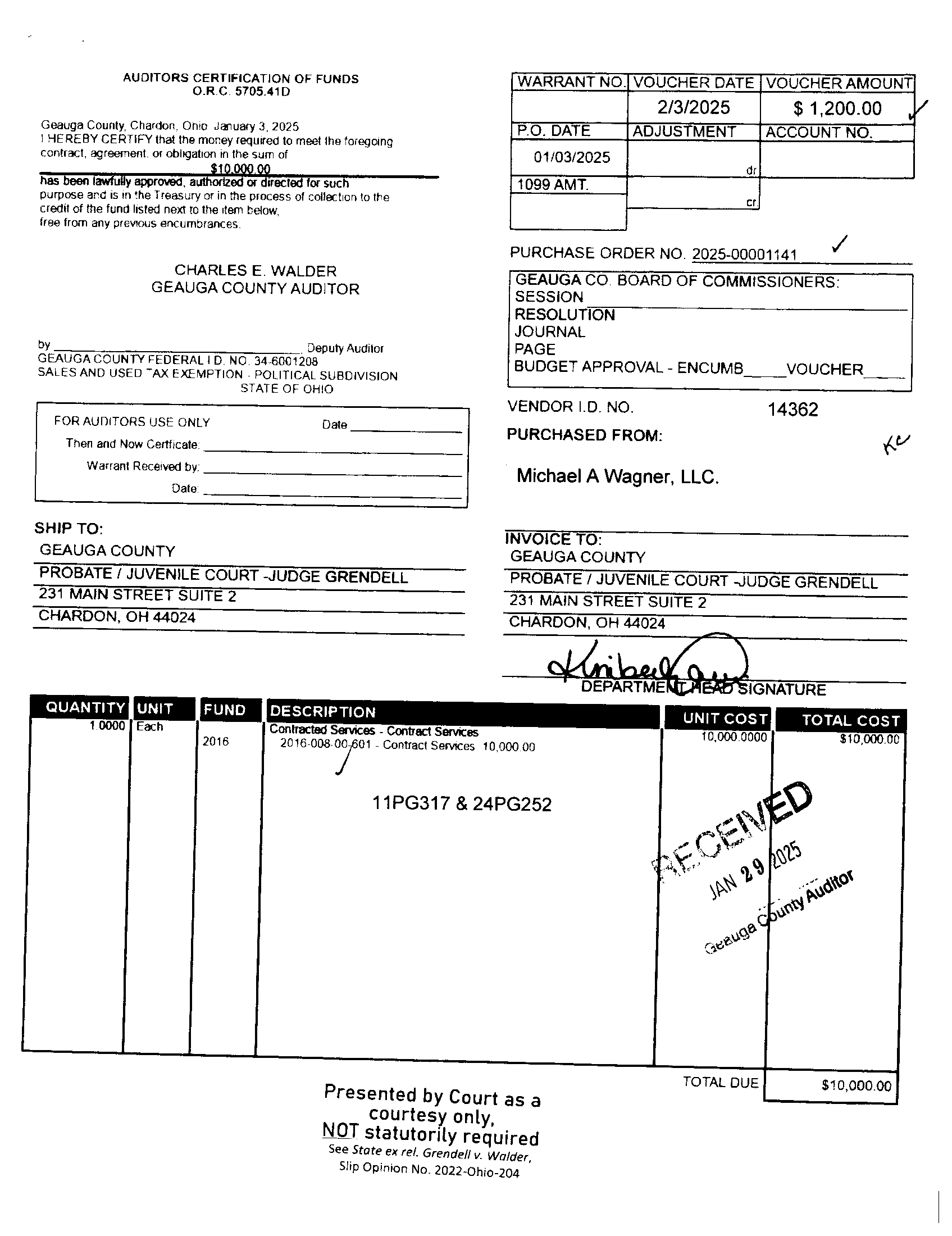 Auditor's Certification of Funds